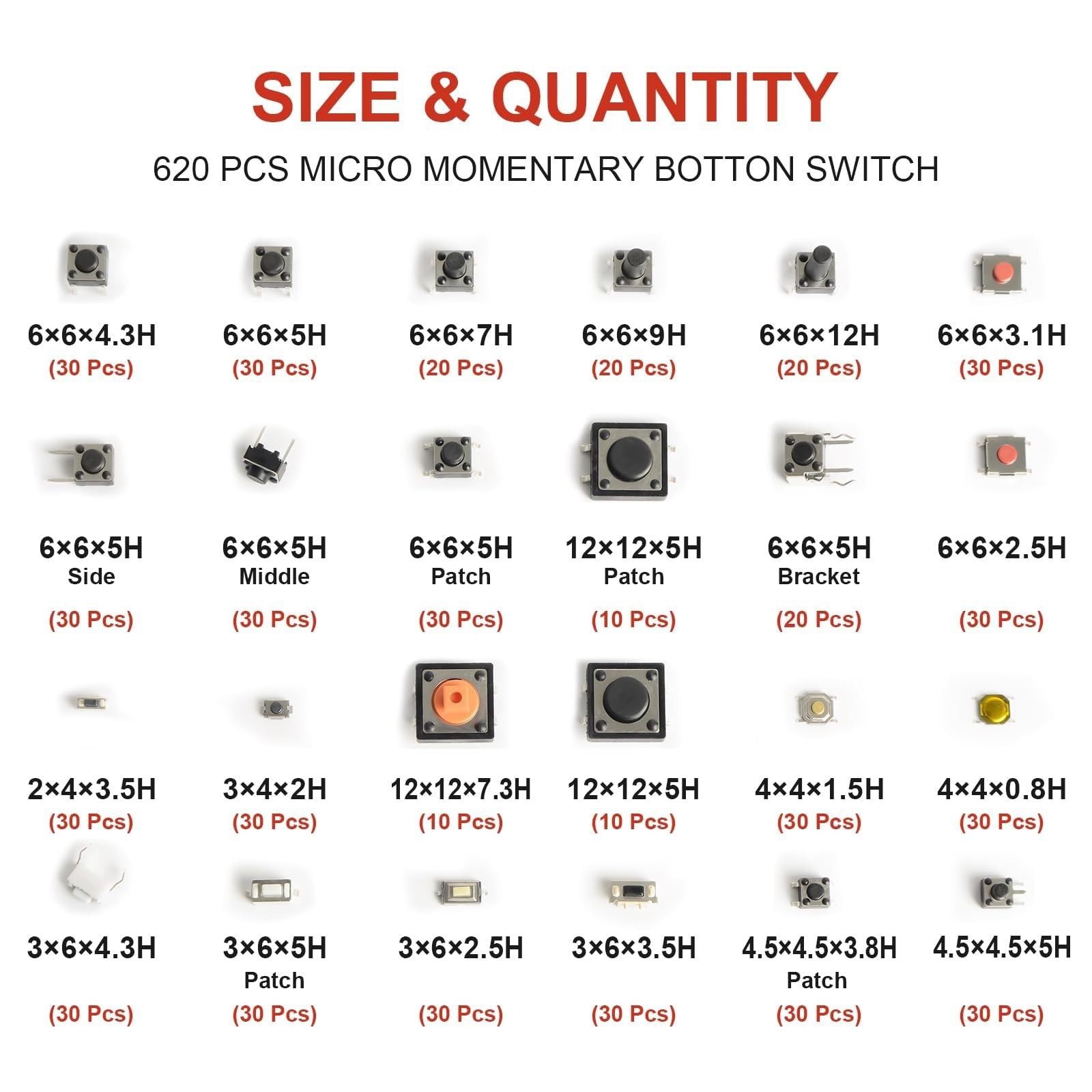 620 Pcs 24 Value Micro Momentary Tactile Push Button Switch Tact Assortment Kit