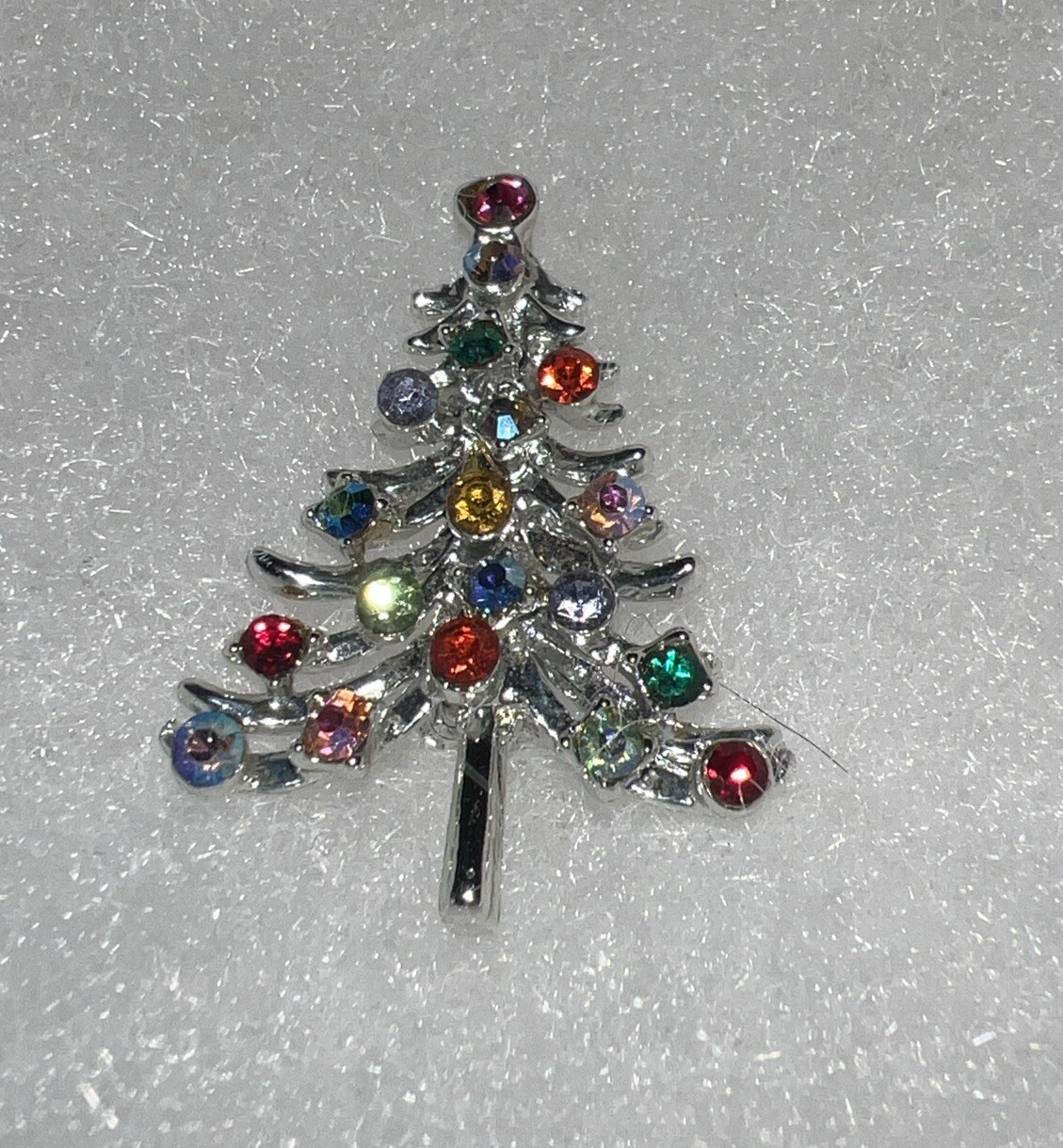 VTG Christmas Holiday Costume Multi Colored Rhinestone Tree Pin Silver Brooch 🎄