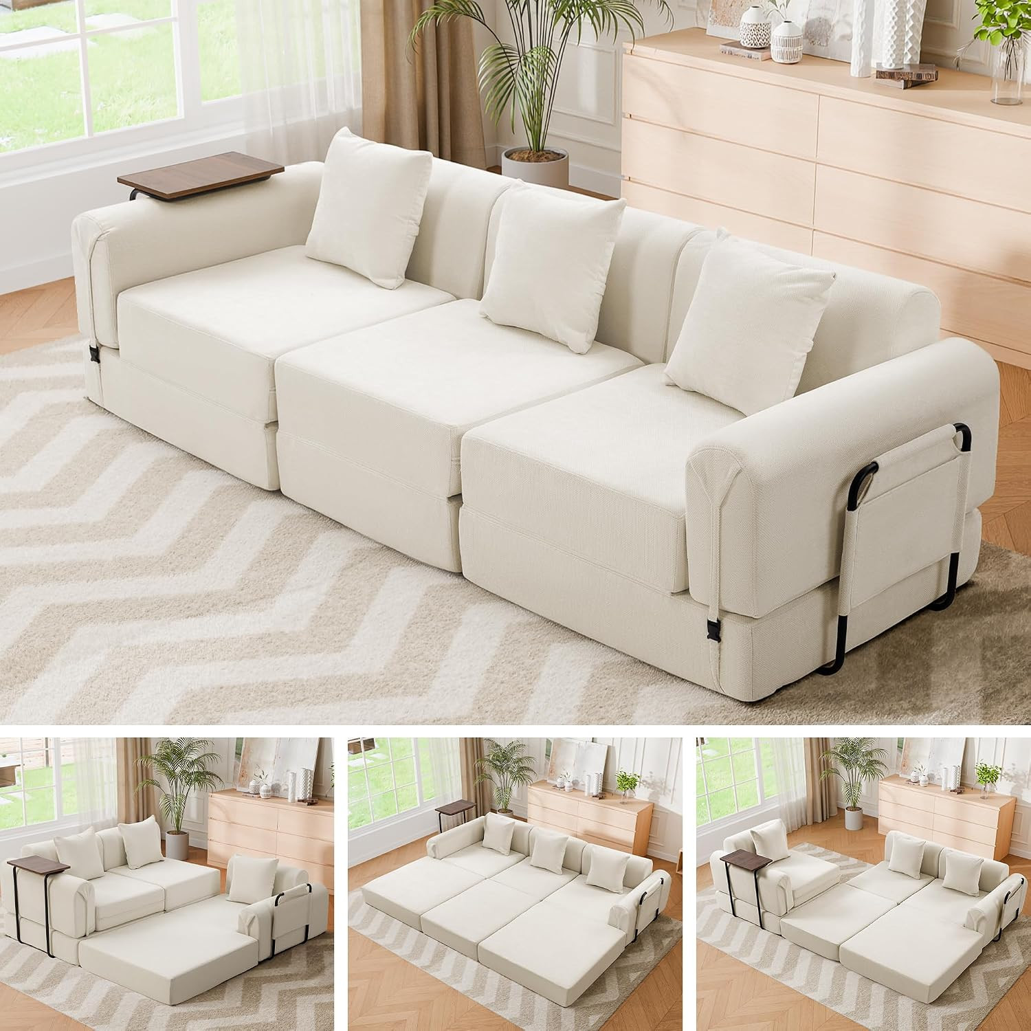 99.2" Modular Sectional Sofa Bed, Convertible Futon Sleeper Couch with Movable S