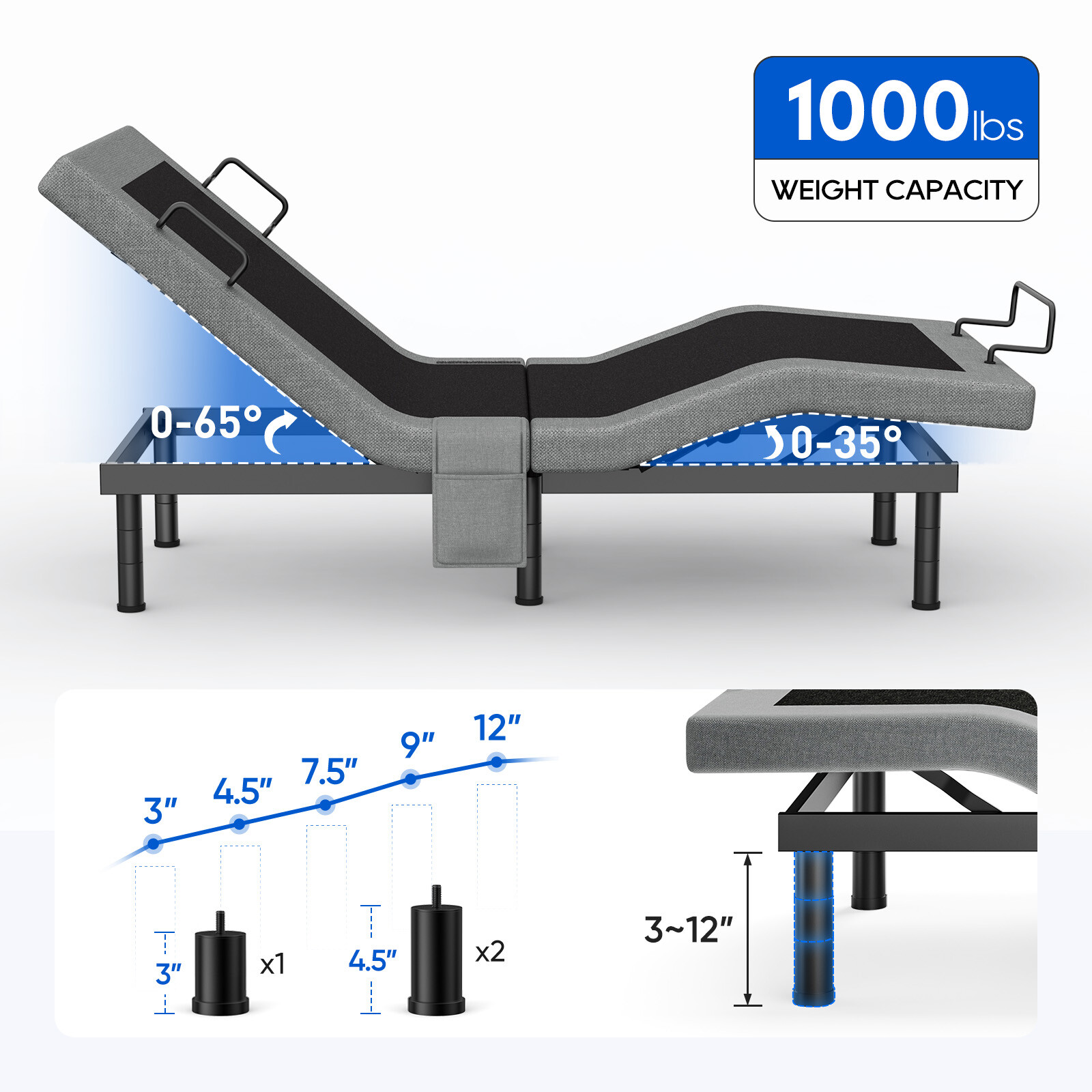 Upgraded Adjustable Bed Frame Base With Massage Backlit Remote 1000LB TXL King
