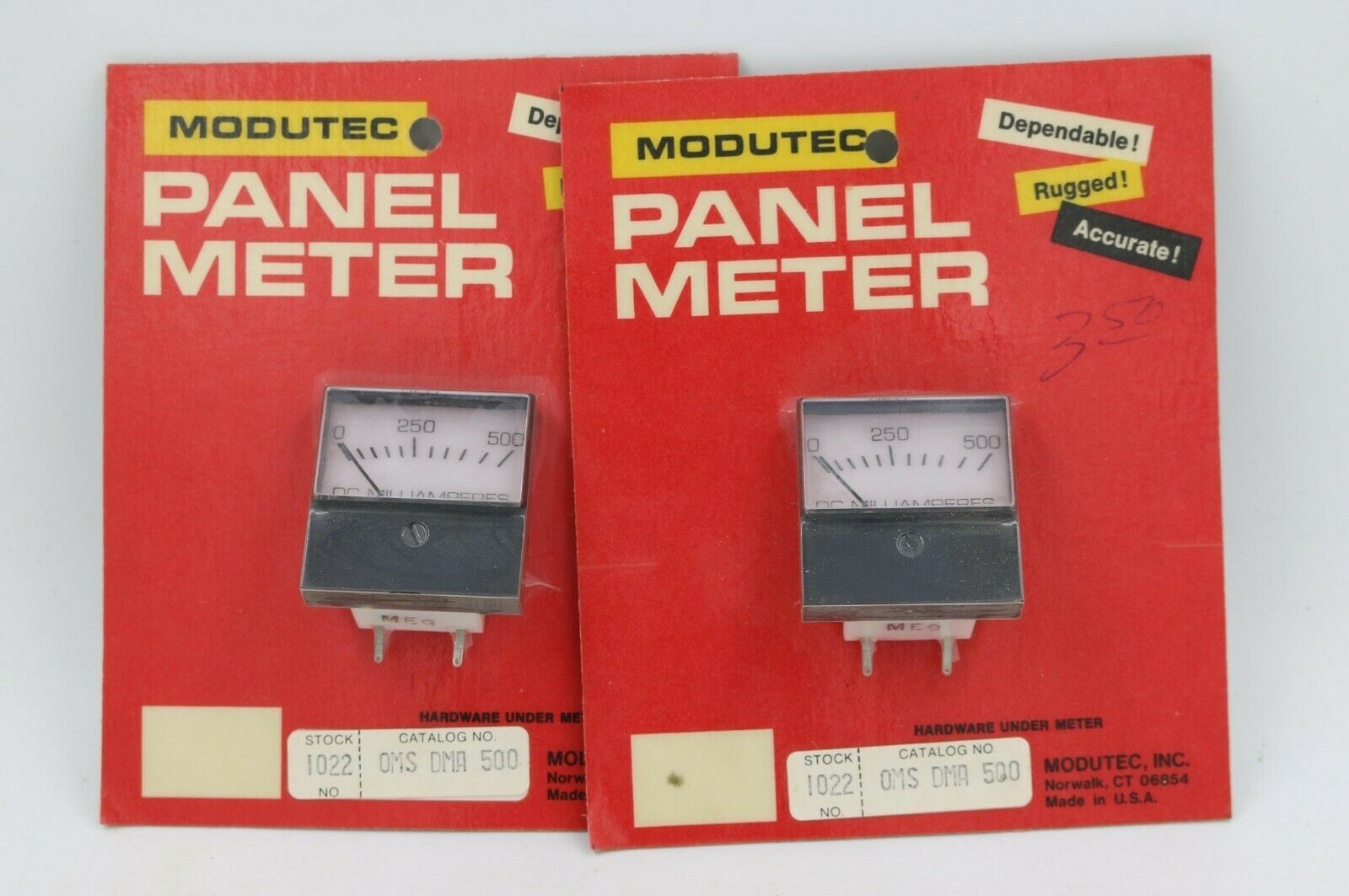 2X Modutec Oms Dma 500 0-500 Dc Milliamperes Panel Meters Vintage