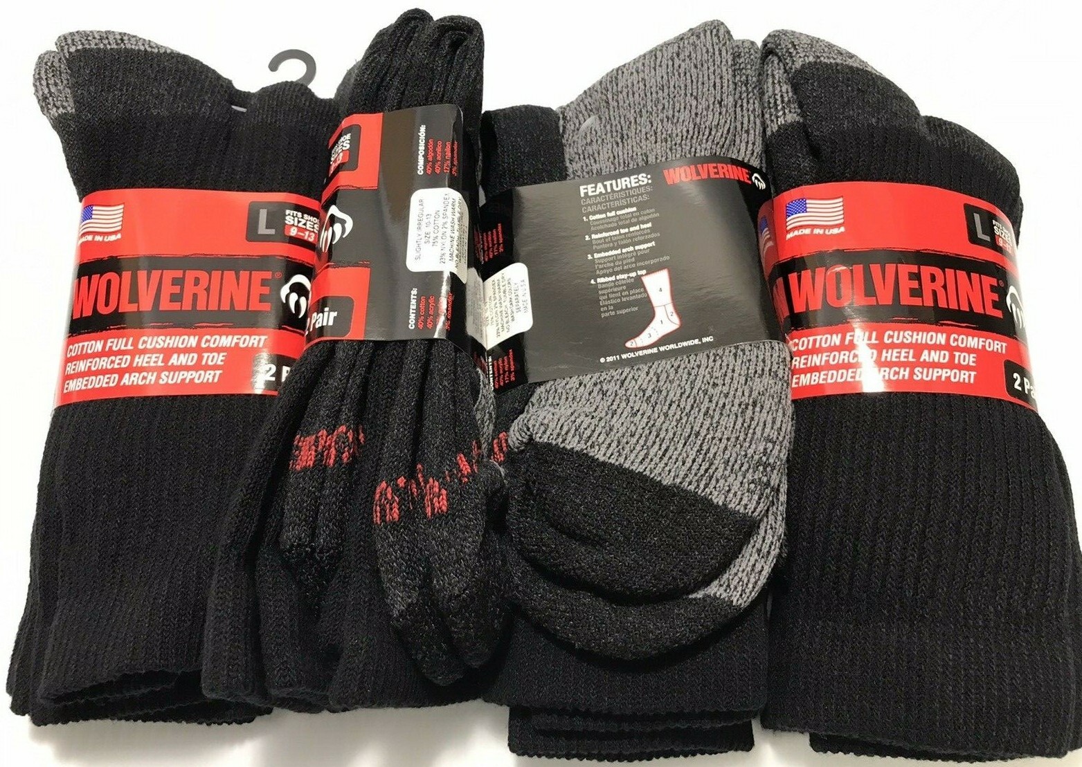 Wolverine Cotton Full Cushion Comfort Socks, Large, Black, 8 pairs - FREE SHIP