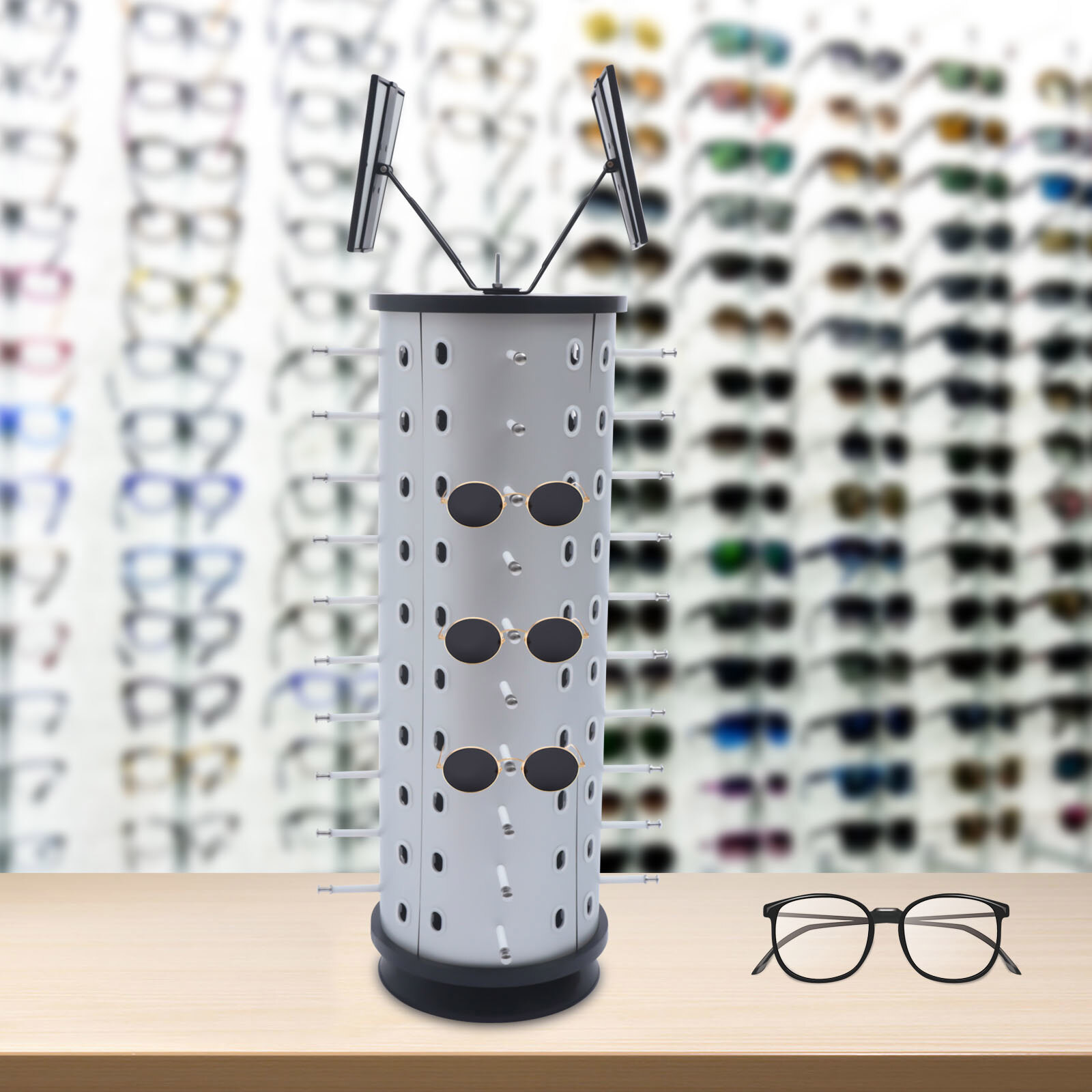 40-Pair 360° Rotating Eyeglass Display Stand w/2Glass Mirrors Sunglasses Storage