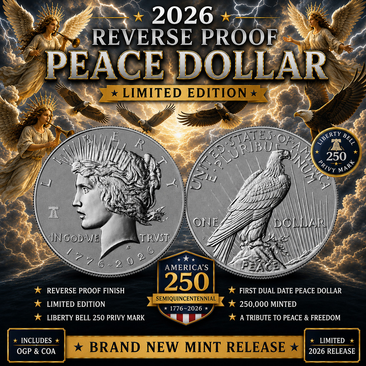 🇺🇸 🕊️ 2026 Reverse Proof Peace Dollar 99.9% Silver Liberty Bell Privy OGP COA