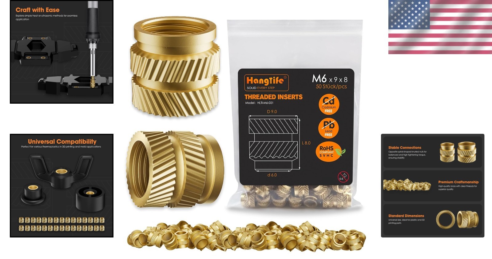 Secure 50-Pack M6 Heat-Set Brass Inserts for Versatile 3D Printing Needs
