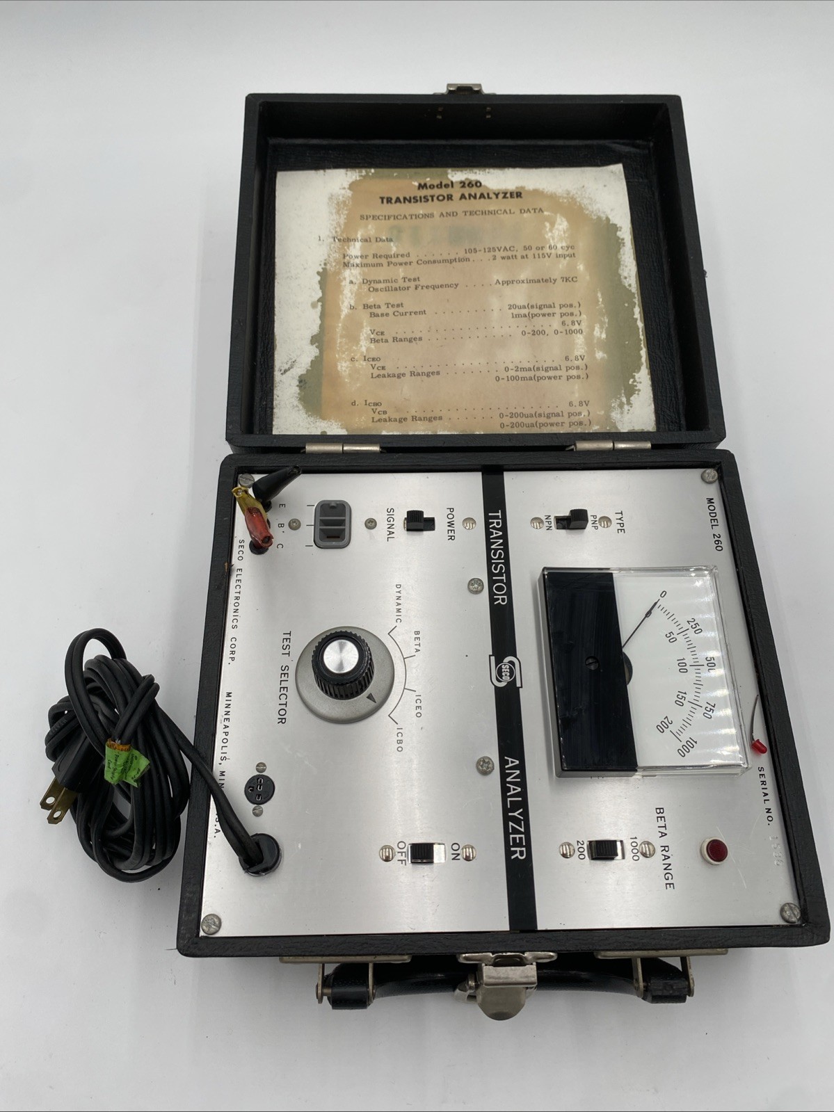 Vintage Seco Model 260 Transistor Analyzer – Powers On – USA Made