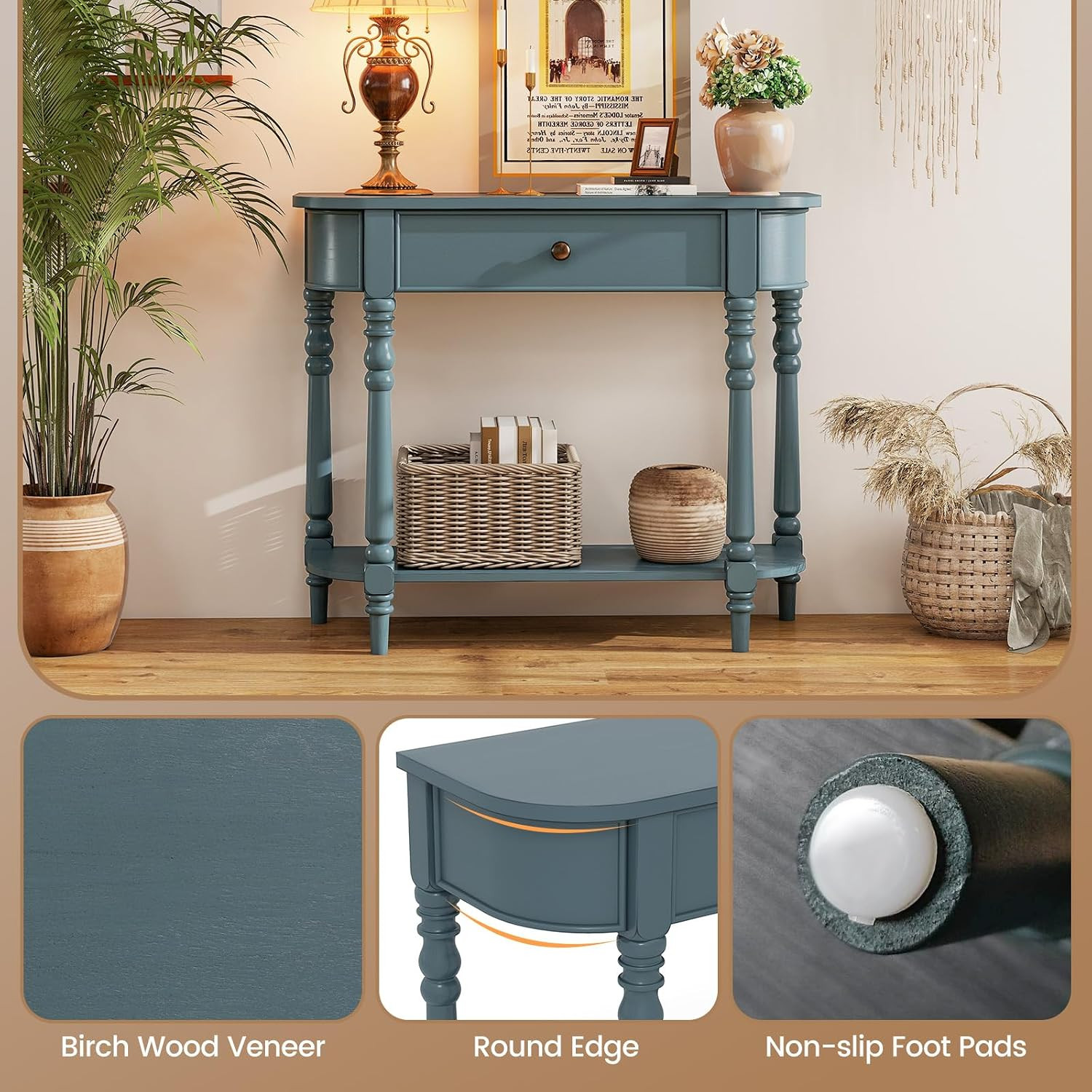 2-Tier Console Table, 36" Retro Entryway Table with Storage Drawer & Elegant Leg