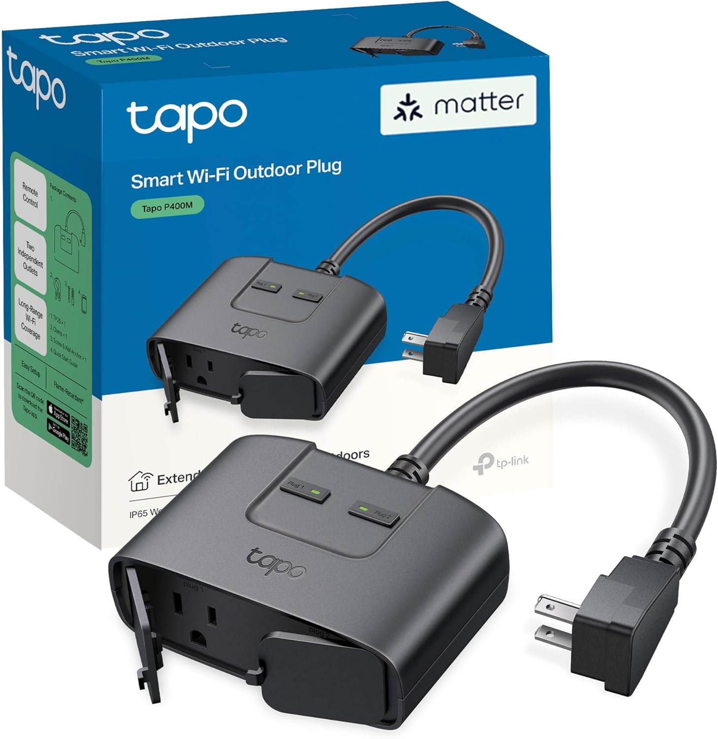 Tp-Link Tapo Matter Outdoor Smart Plug, 2 Individual Outlets, IP65 Weather Resis
