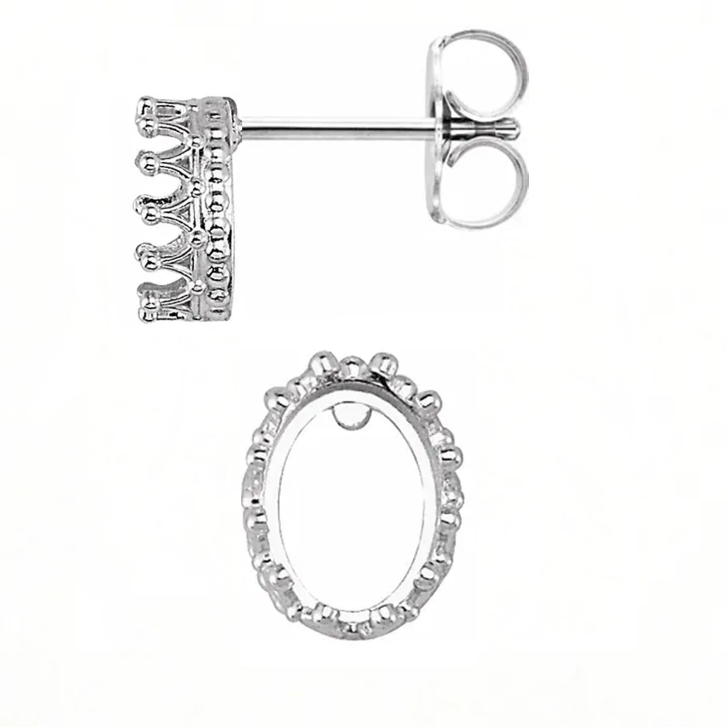 Sterling Silver Earring Settings for Oval Cabochon Crown Design Mounting 1 Pair