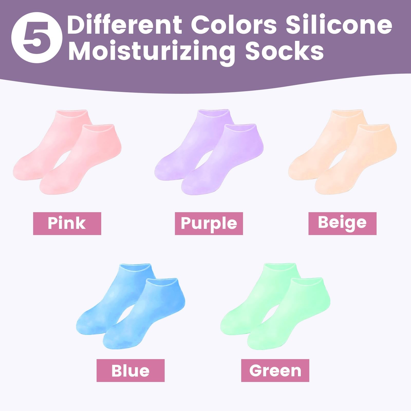 5 Pairs Silicone Medium/Large (up to size 9), Pink/Purple/Beige/Blue/Green