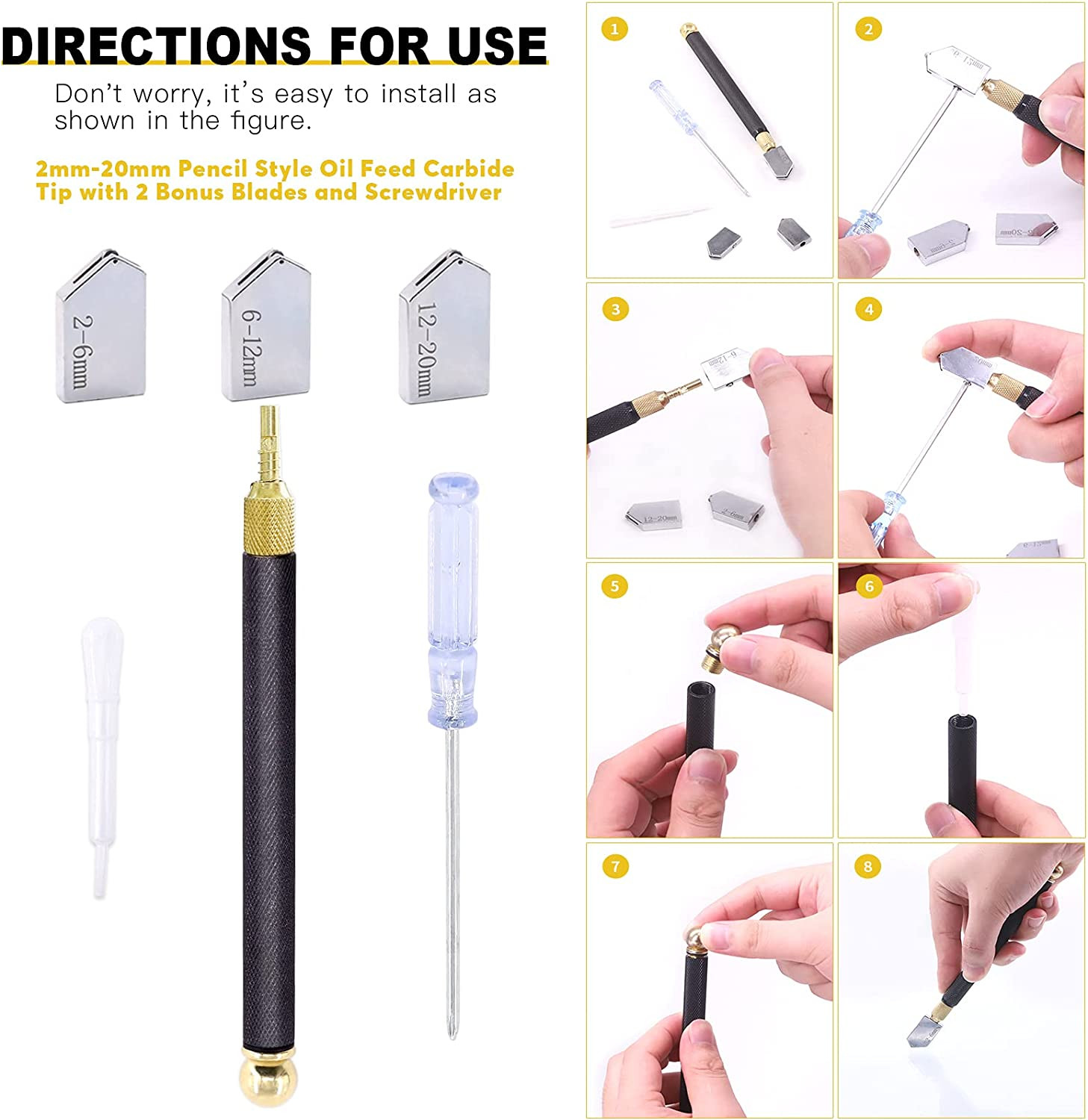 9 Pcs Glass Cutting Tool Set Kit Includes Adjustable Circular Glass Cutter, Glas