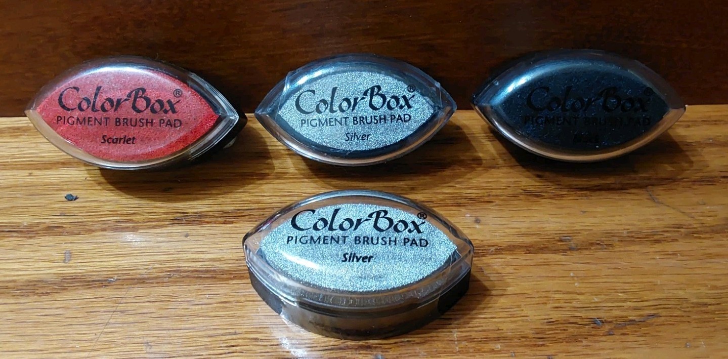 Color Box Pigment Brush Pad Ink Stamp 4pc Scarlet Silver x2 Black Cats Eye