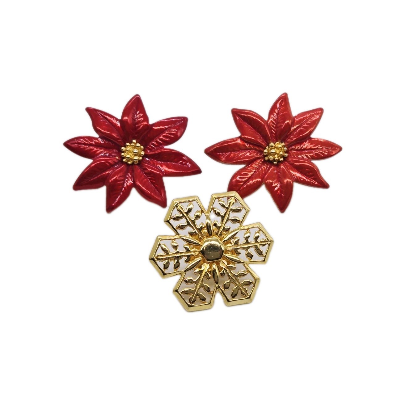 Christmas Poinsettia Flower and Snowflake Lapel Pin 3 pc Lot Enamel 1.25 in