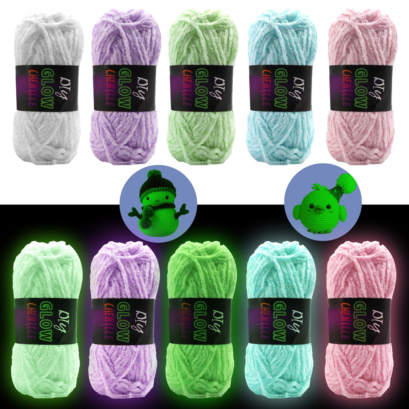 5 Rolls Fuzzy Glow in The Dark Chenille Yarn, Soft Cute Luminous Crochet Yarn...