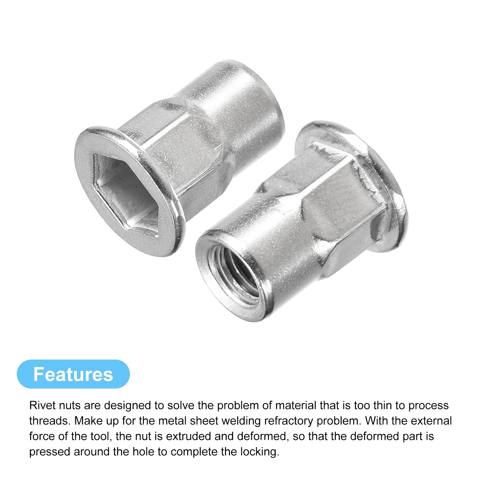 M6 Half Hex Body Rivet Nuts, 60pcs 304 Stainless Steel Threaded Insert Nuts