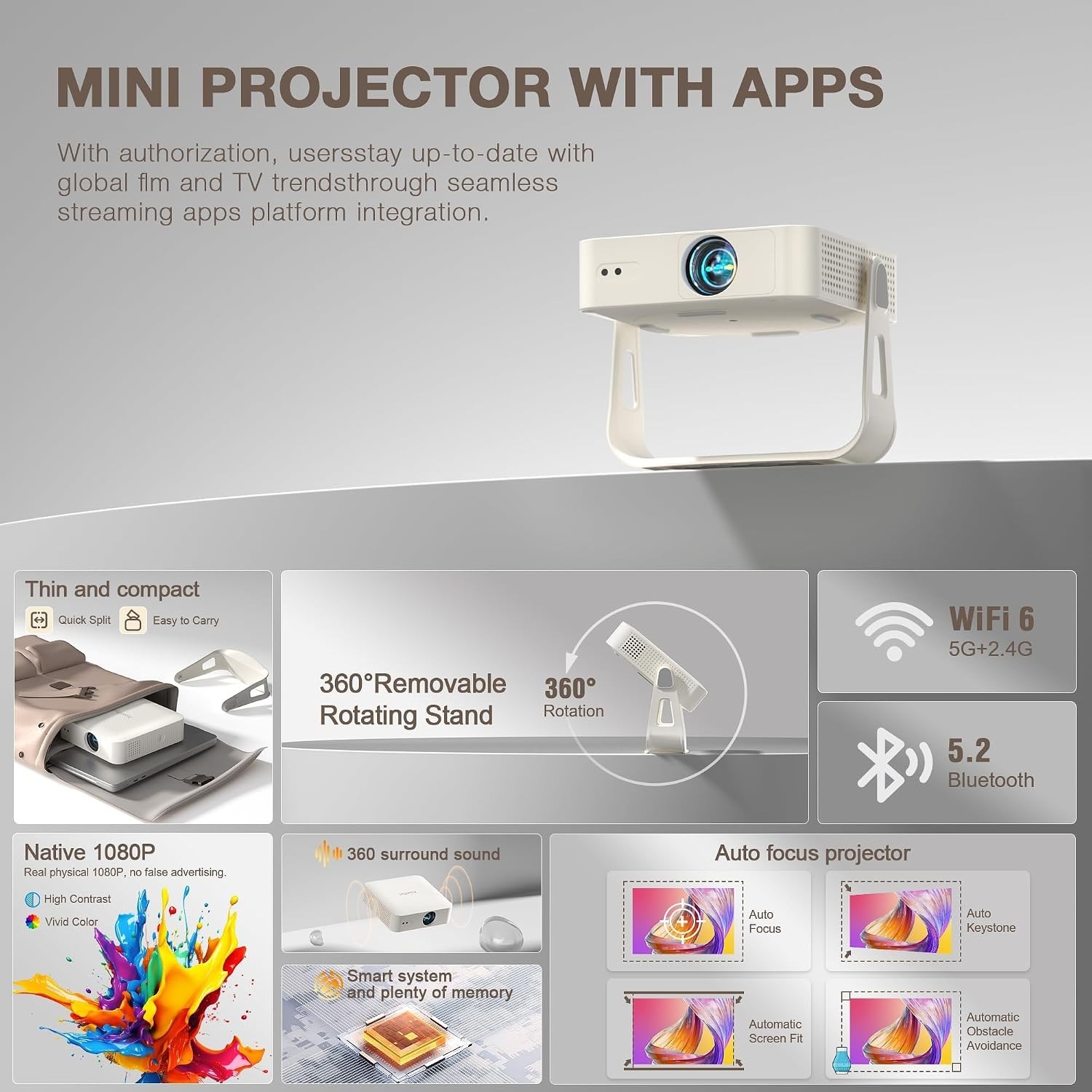 Officially-Licensed App & Auto Focus]White Smart Mini Projector with WiFi and...