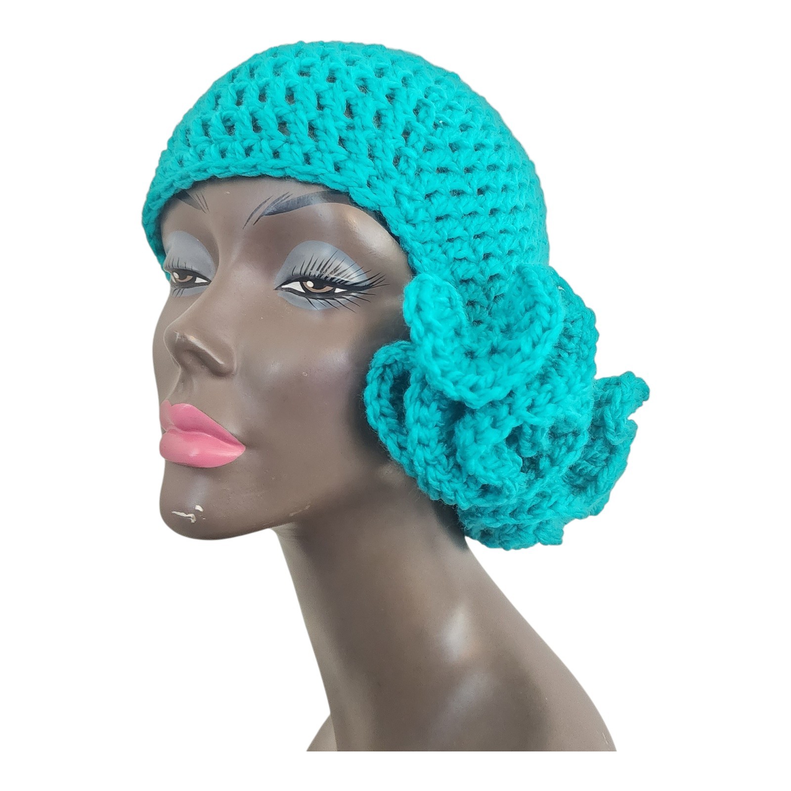 crochet ruffle hat Turquoise Yarn Lightweight and soft to the touch. One size