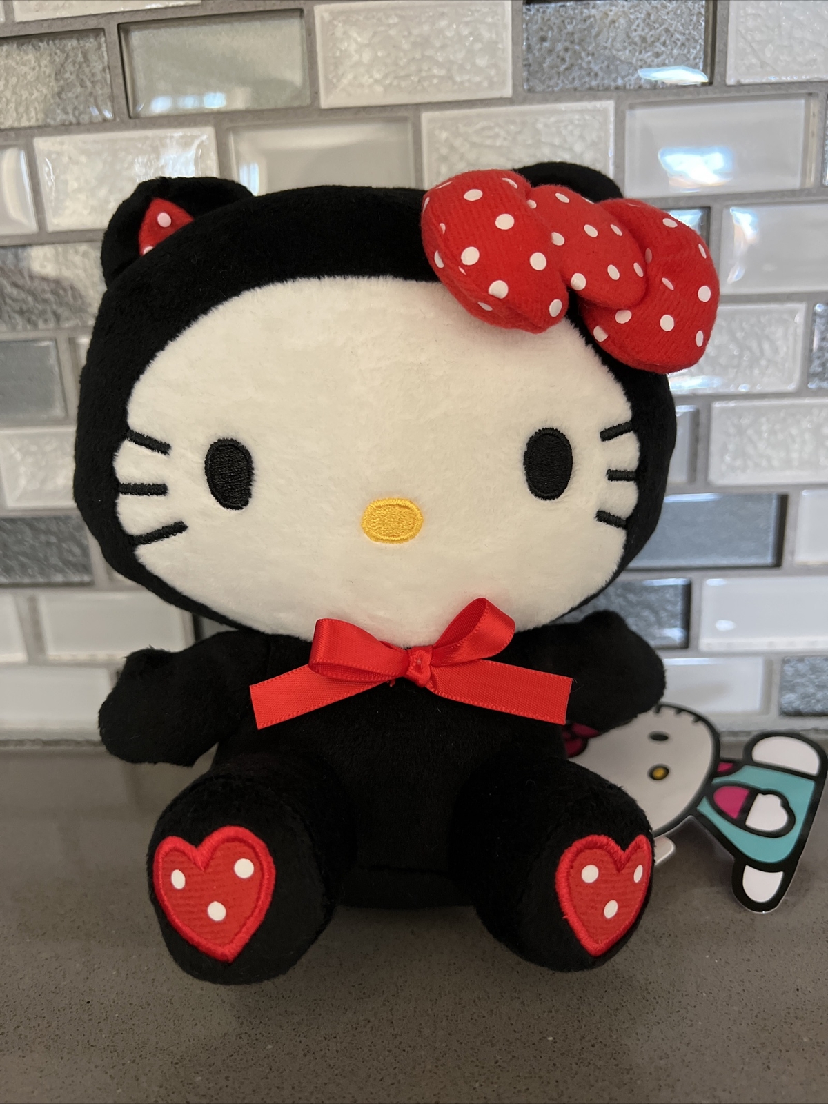 Hello Kitty Sanrio Black Cat Costume Red Polka Dot Soft Plush / 7” / BRAND NEW