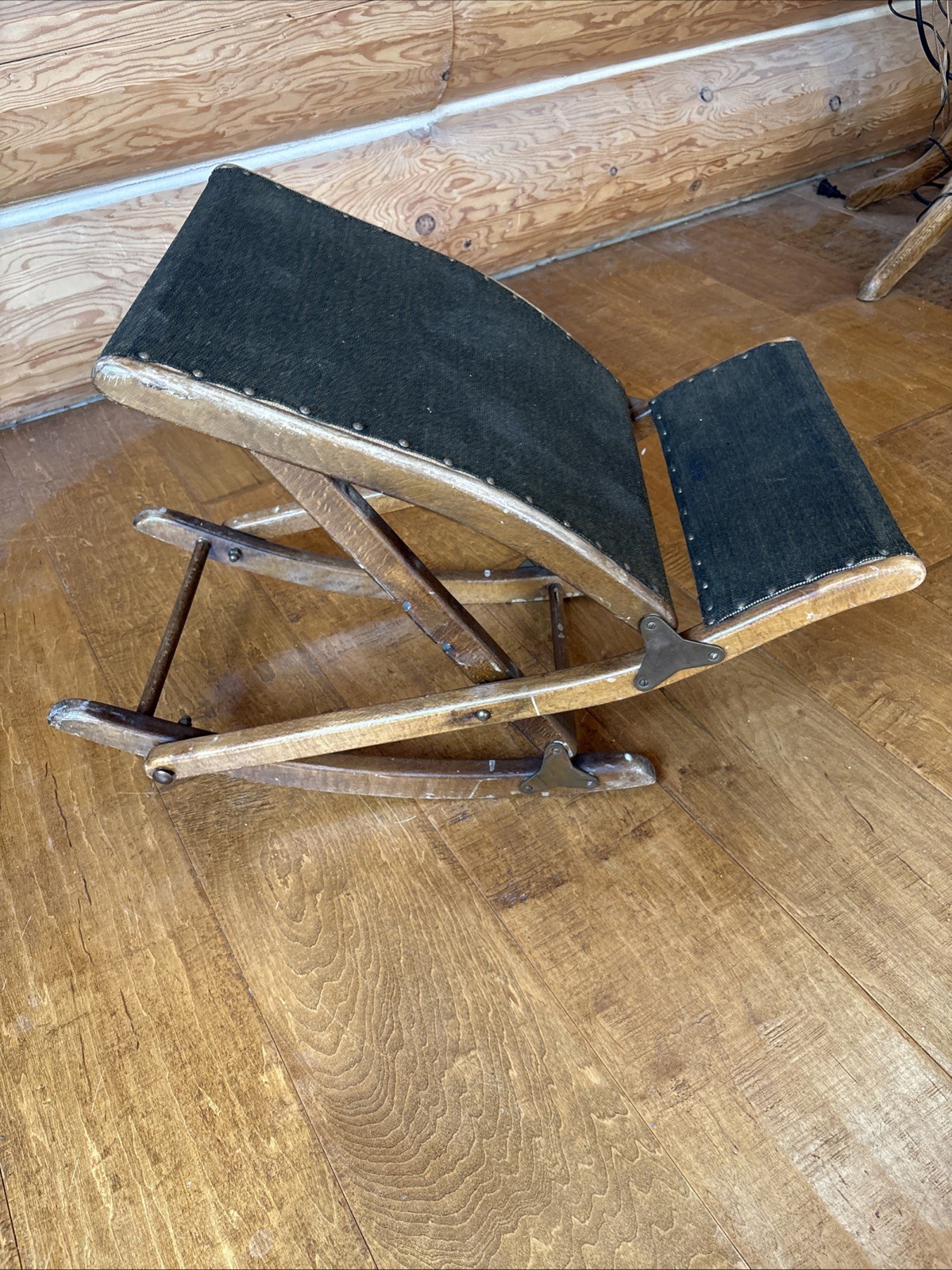 Antique Rocking Folding Foot Stool Fabric with Studs Wooden