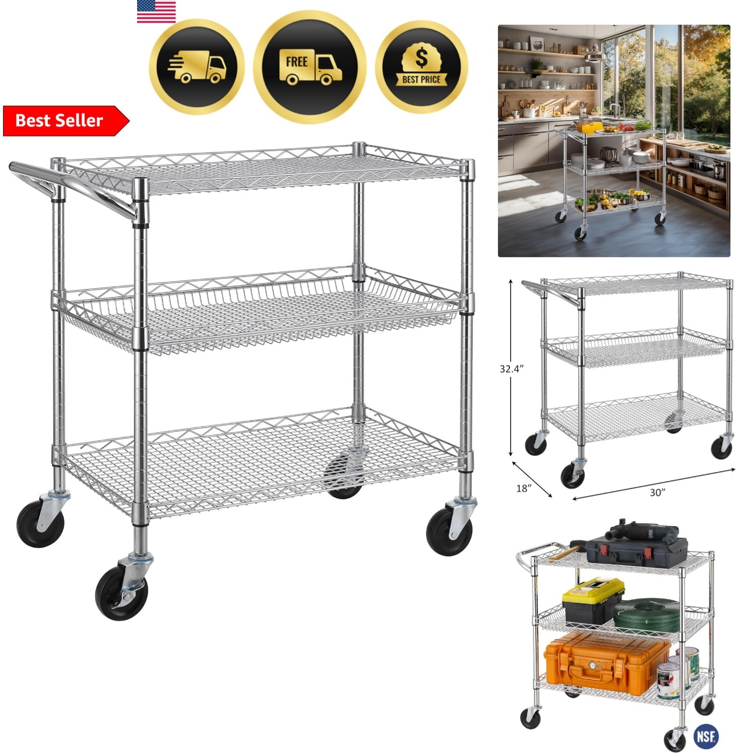 Utility Cart Heavy Duty Steel Rolling Cart with 3 Shelves Locking Wheels