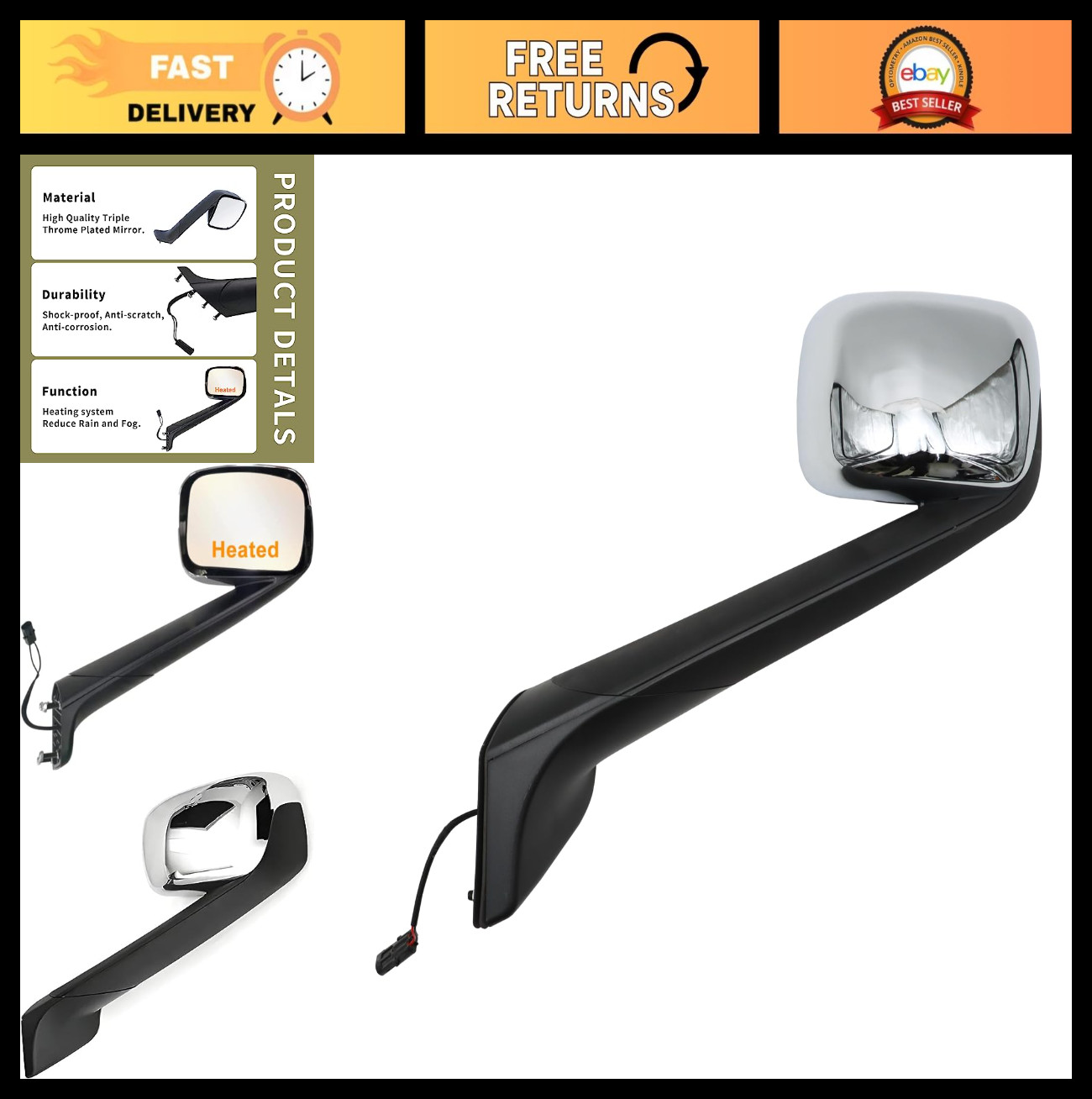 Chrome Hood Mirrors Assembly for 2018-2021 Freightliner Cascadia - Heated Driver