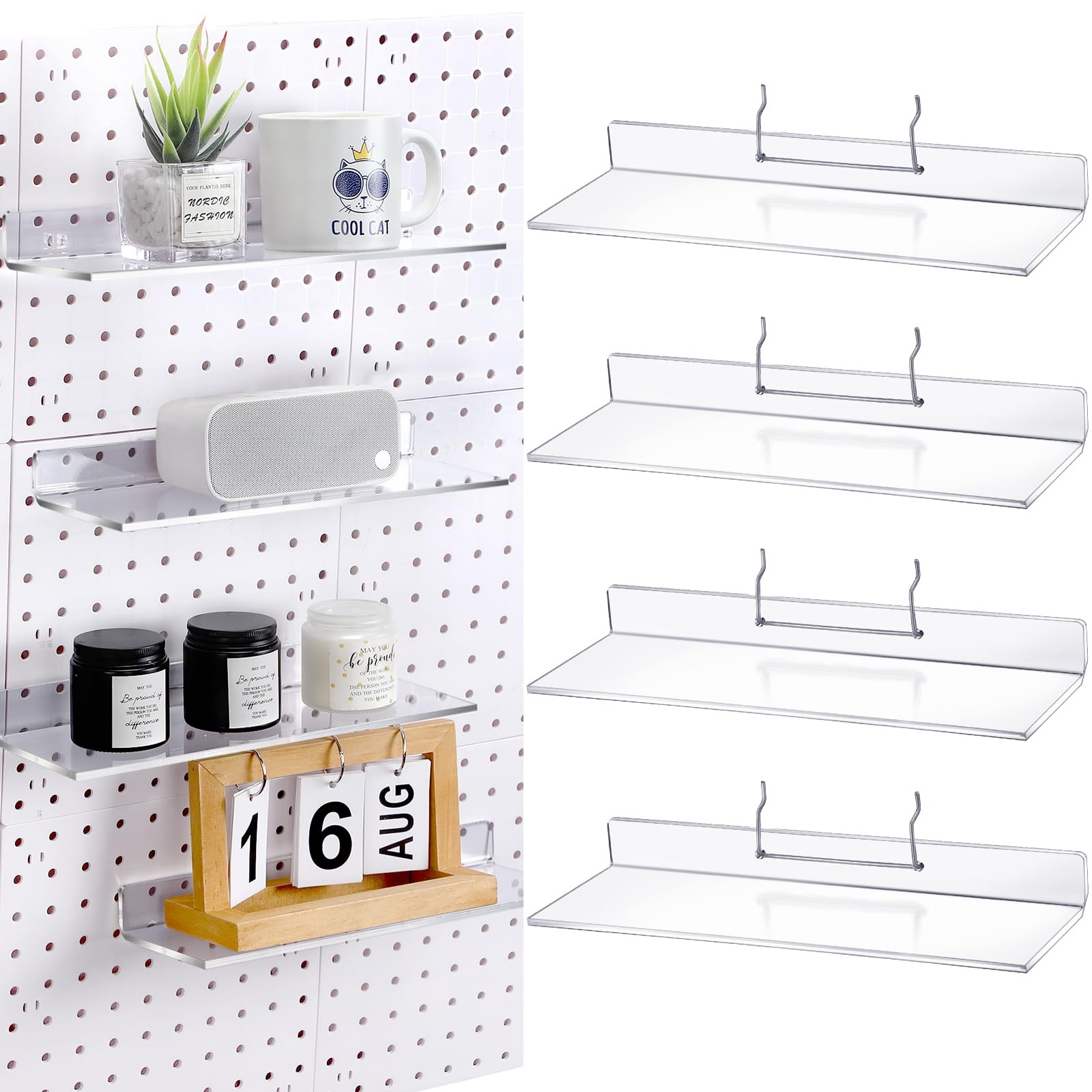 4 Set Pegboard Shelf Clear Acrylic with Metal Hooks Organizer Accessories Sto...