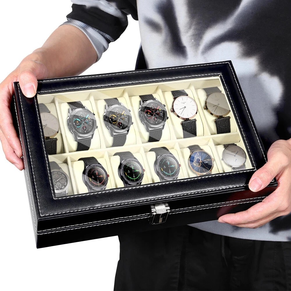 💯12 Slots PU Leather Wrist Watch Display Box Storage Holder Organizer Case