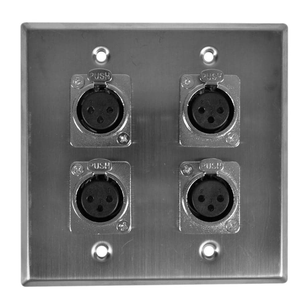 Stainless Steel 2 Gang Wall Plate with 4 XLR Female Metal Connectors