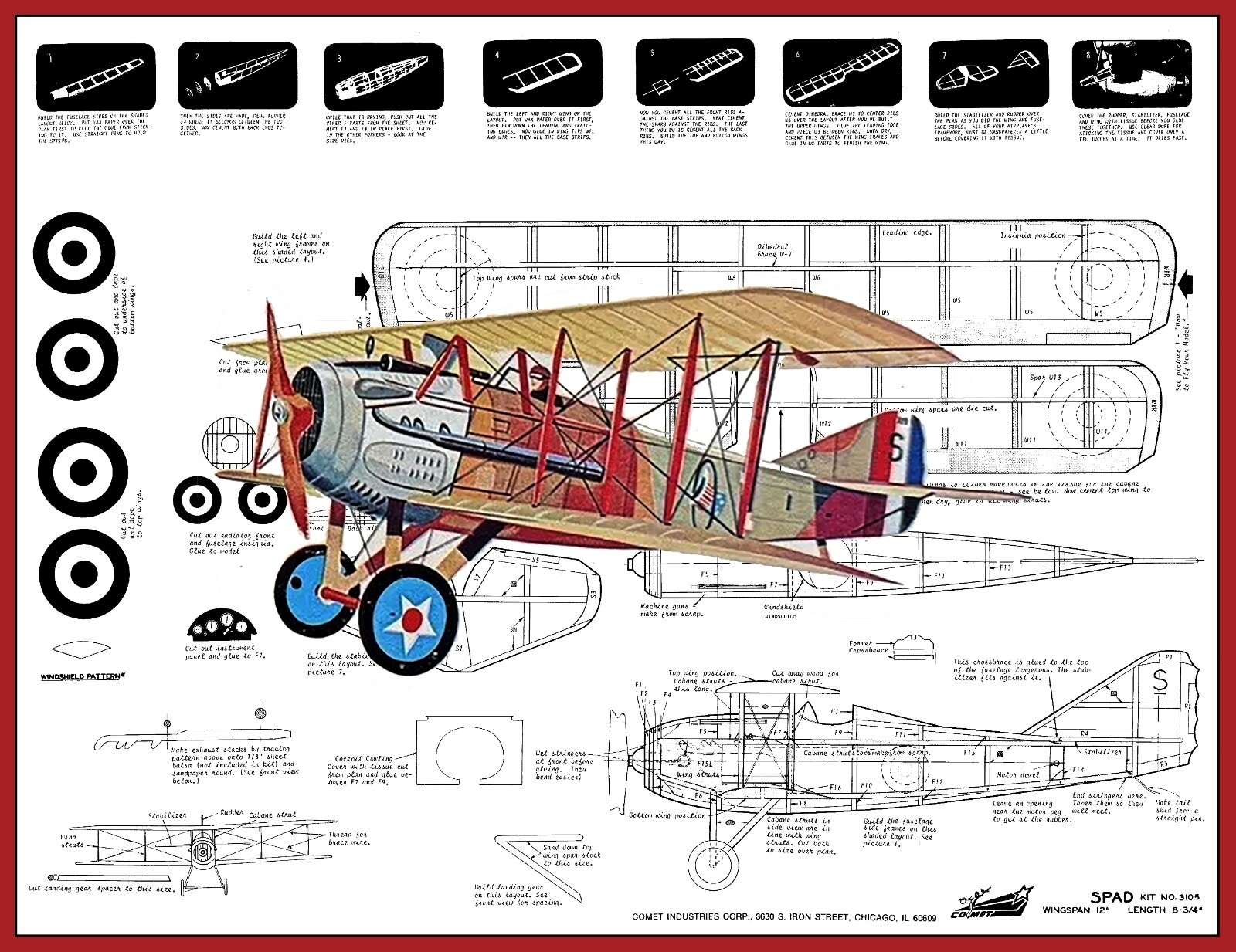 Comet Model Airplane Plans (FF): SPAD 12" Wingspan Scale Rubber-Powered #3105