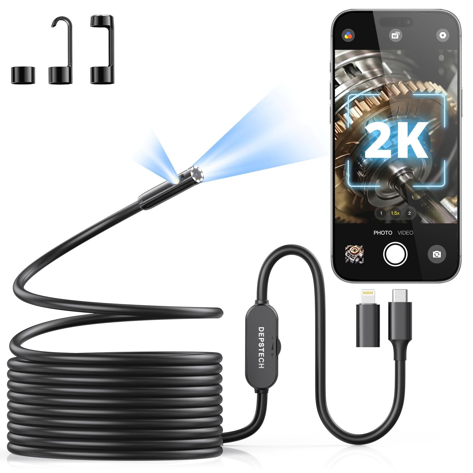 Endoscope Camera 2K 2560P Dual Lens 16.5FT Snake Cable DEPSTECH Light Inspection