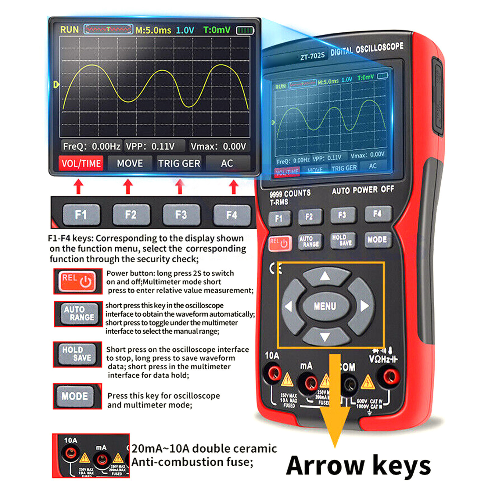 ZT-702S Digital Oscilloscope Multimeter AC/ DC Voltmeter Ammeter Ohmmeter Tools