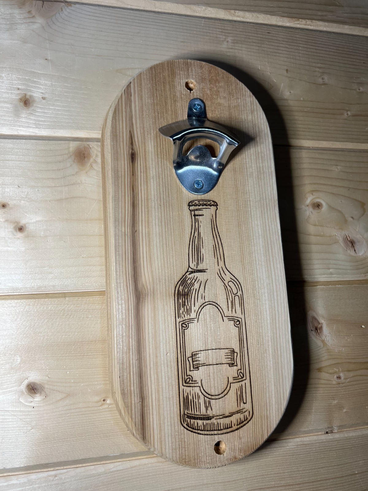 Cedar Wall Mounted Bottle Opener | Rustic Engraved Wood Bar Decor