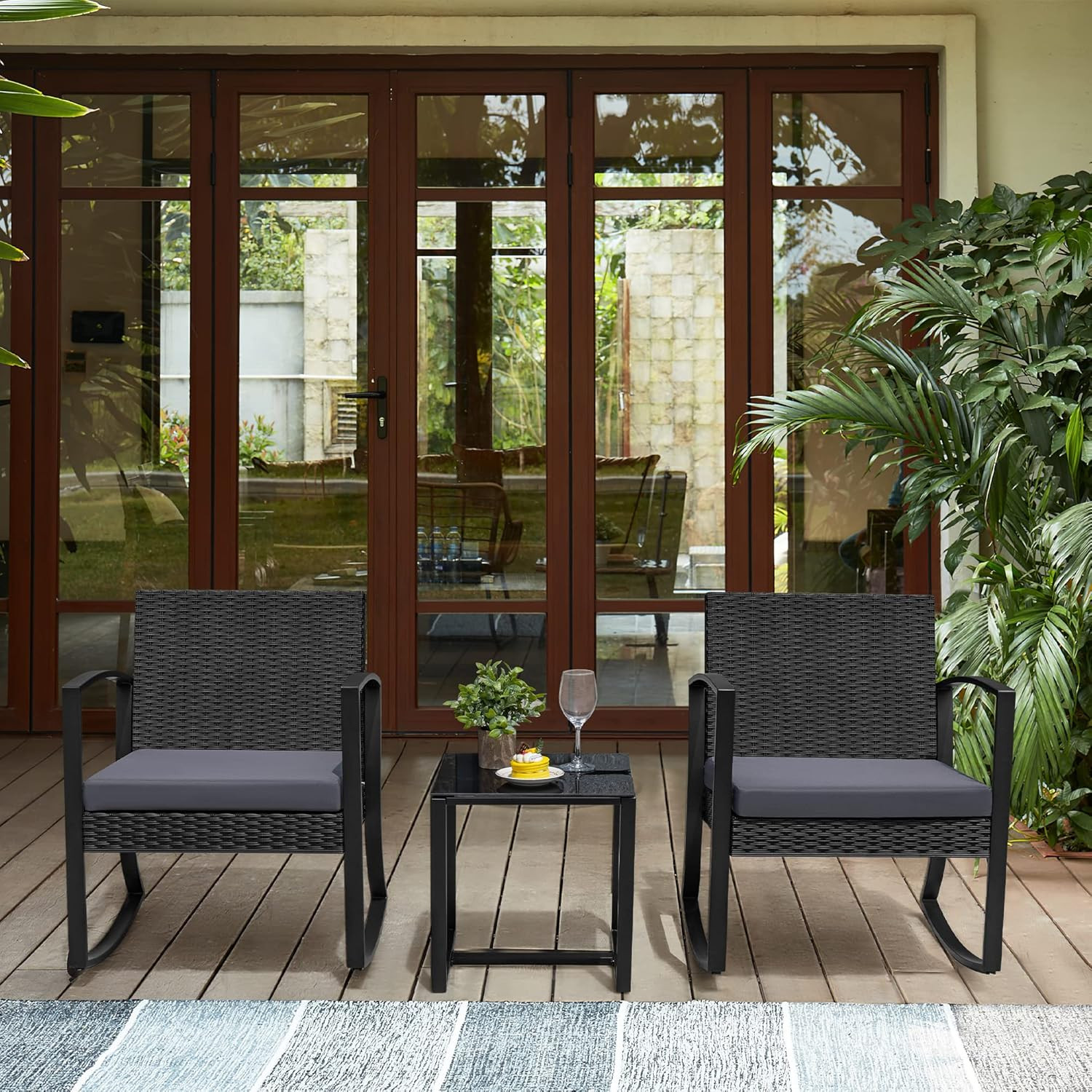 3 Pieces Outdoor Furniture Set Patio Bistro Rocking Chairs with Glass Coffee Tab