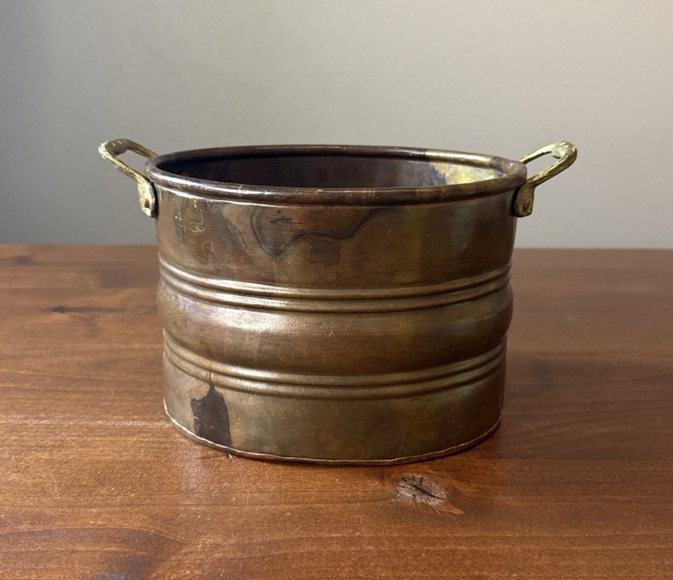 VINTAGE Solid Copper Oval Planter Pot Brass Handles 8” W x 6.5” D x 5.5” Türkey