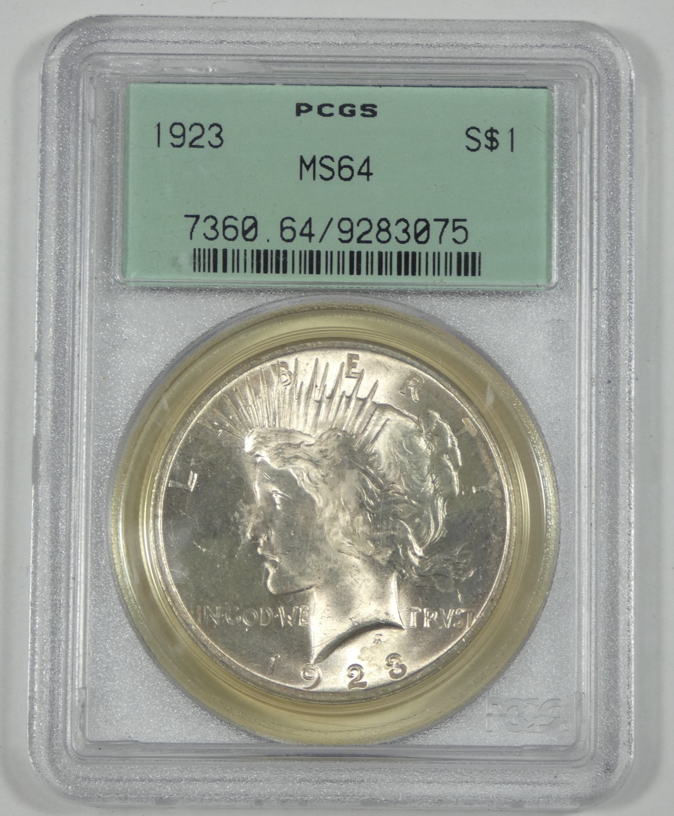 1923 Silver Peace Dollar CERTIFIED PCGS MS 64 Gen 2.2 Holder