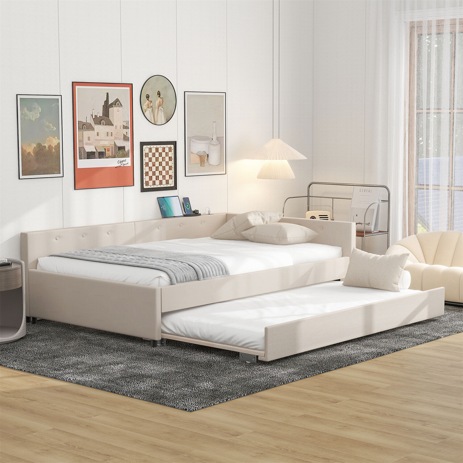 Full Size Daybed Upholstered Bed Frame Sofa Bed w/ Trundle Bed & USB Ports US