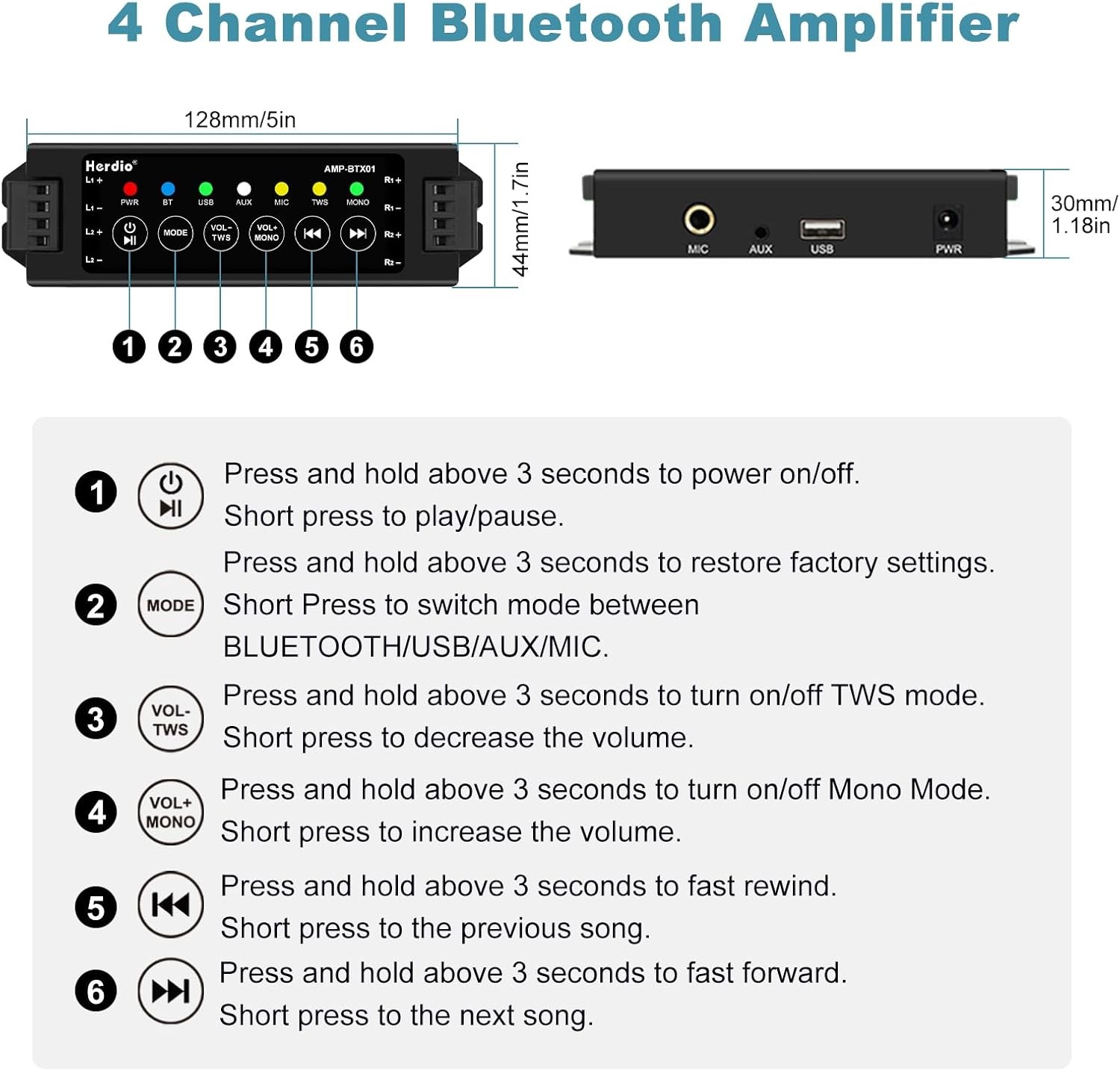 Herdio 4 Channel Bluetooth Amplifier Receiver With Power Supply and IR Remote