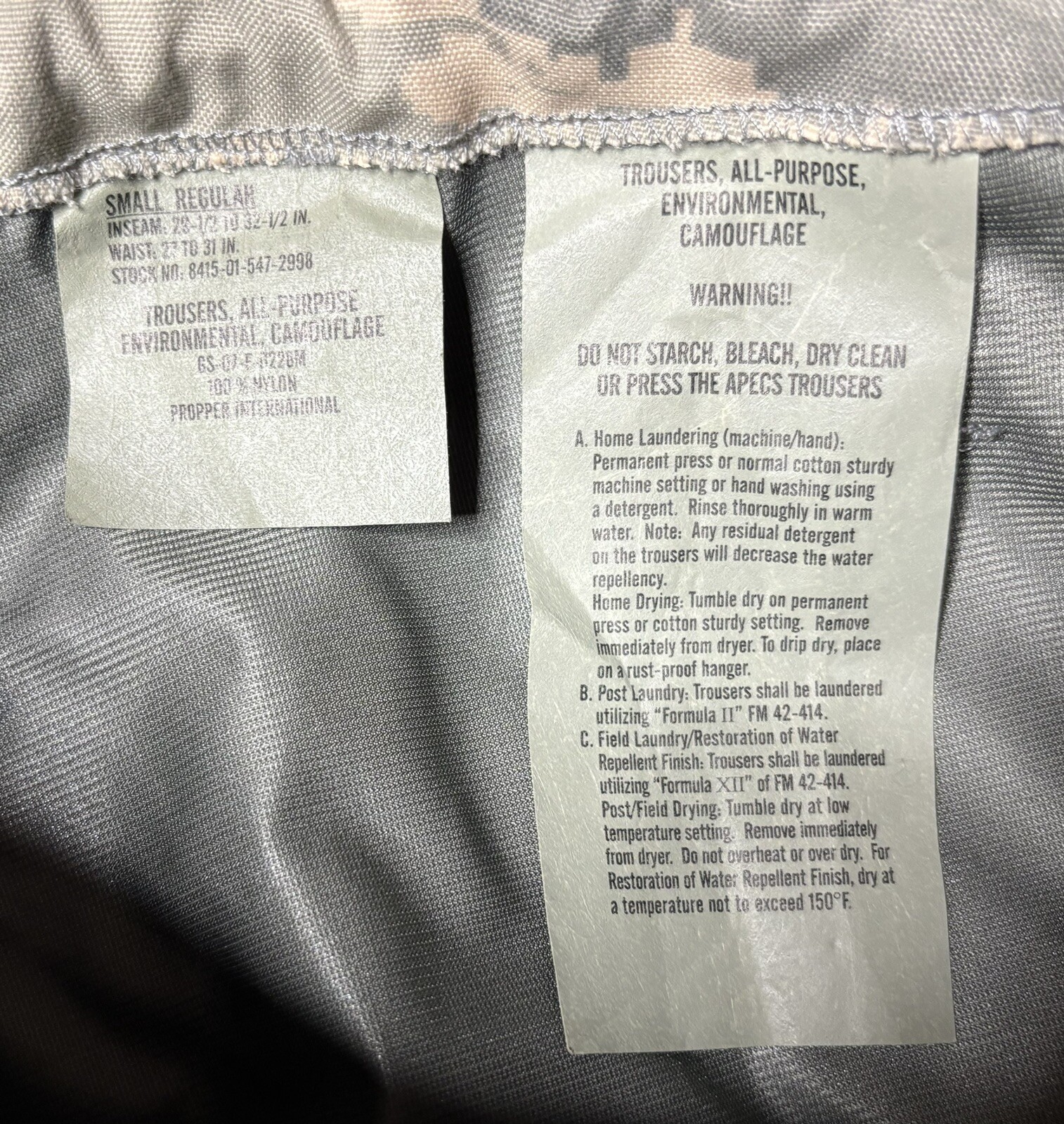 APECS All Purpose Environmental Trousers Pants Small Regular 8415-01-547-2998