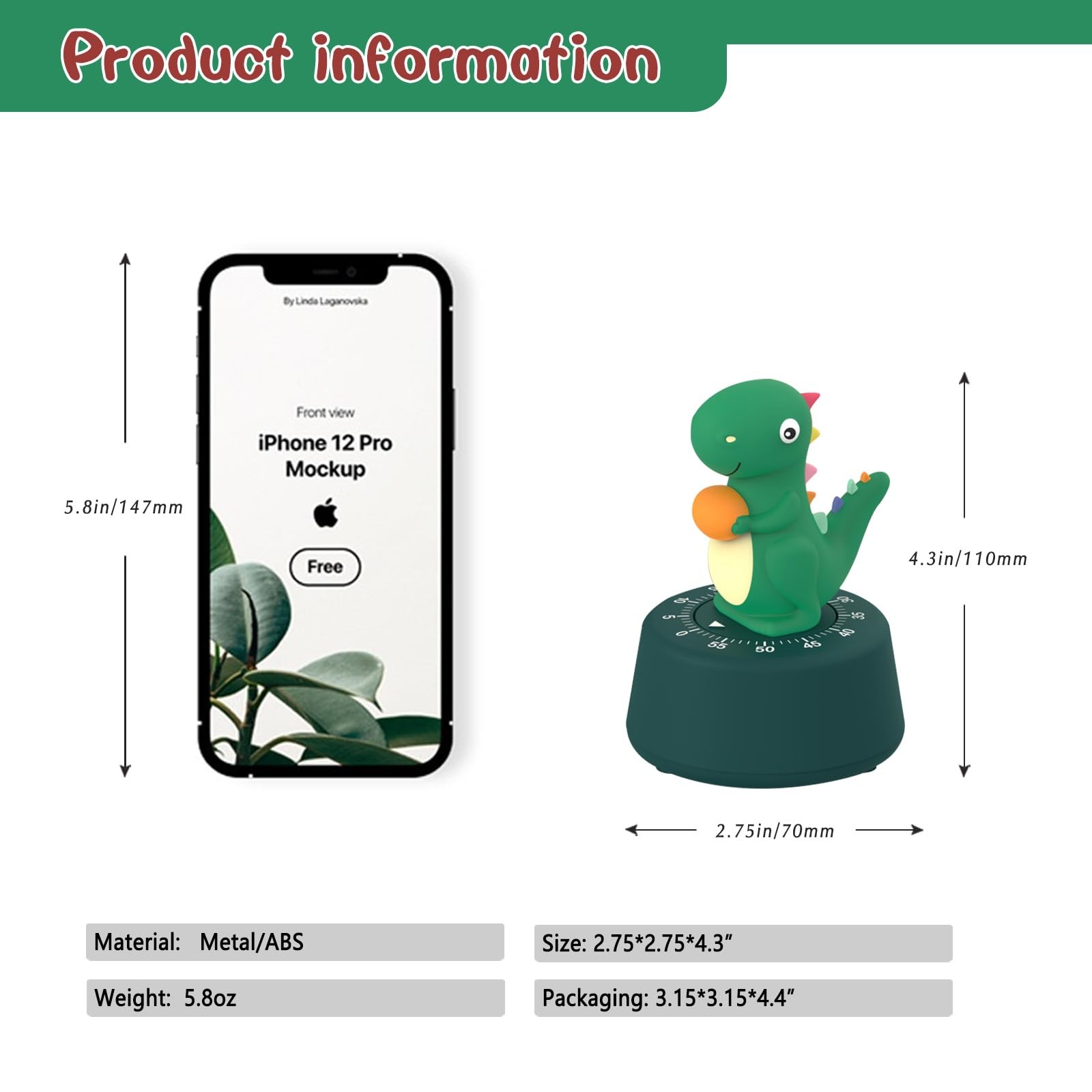 ELE DEPI 60 Minutes Mechanical Kitchen Timer,Cute Dinosaur Timer for Kids,Win...