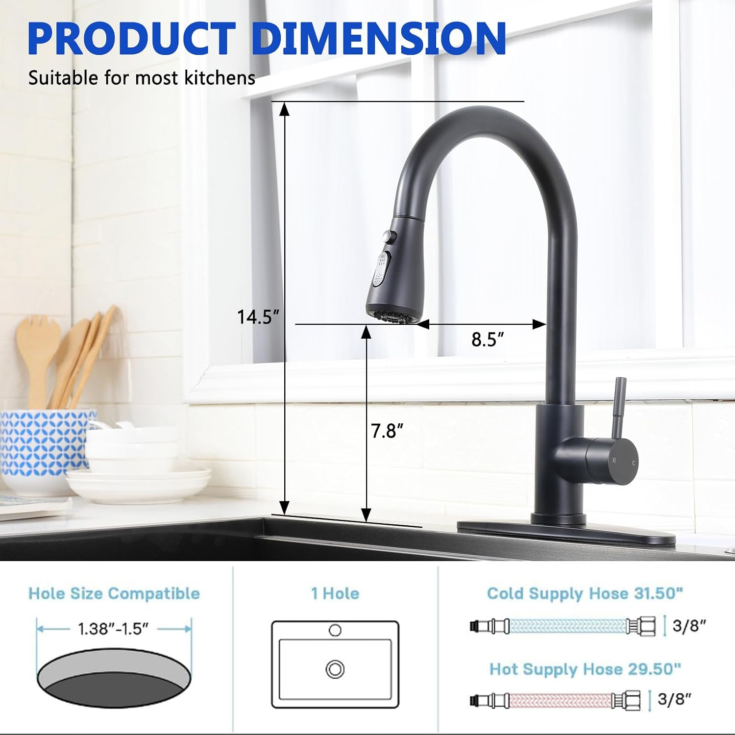 Black Kitchen Faucet with Pull down Sprayer, Single Handle Kitchen Faucet Matte