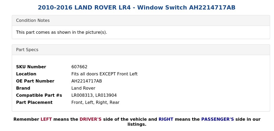 2010-2016 LAND ROVER LR4 - Window Switch AH2214717AB