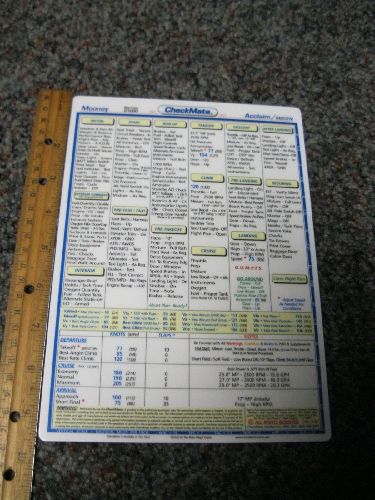 CheckMate Aviation laminated Checklist - Mooney Acclaim M20TN 6 3/4 x 9 3/8