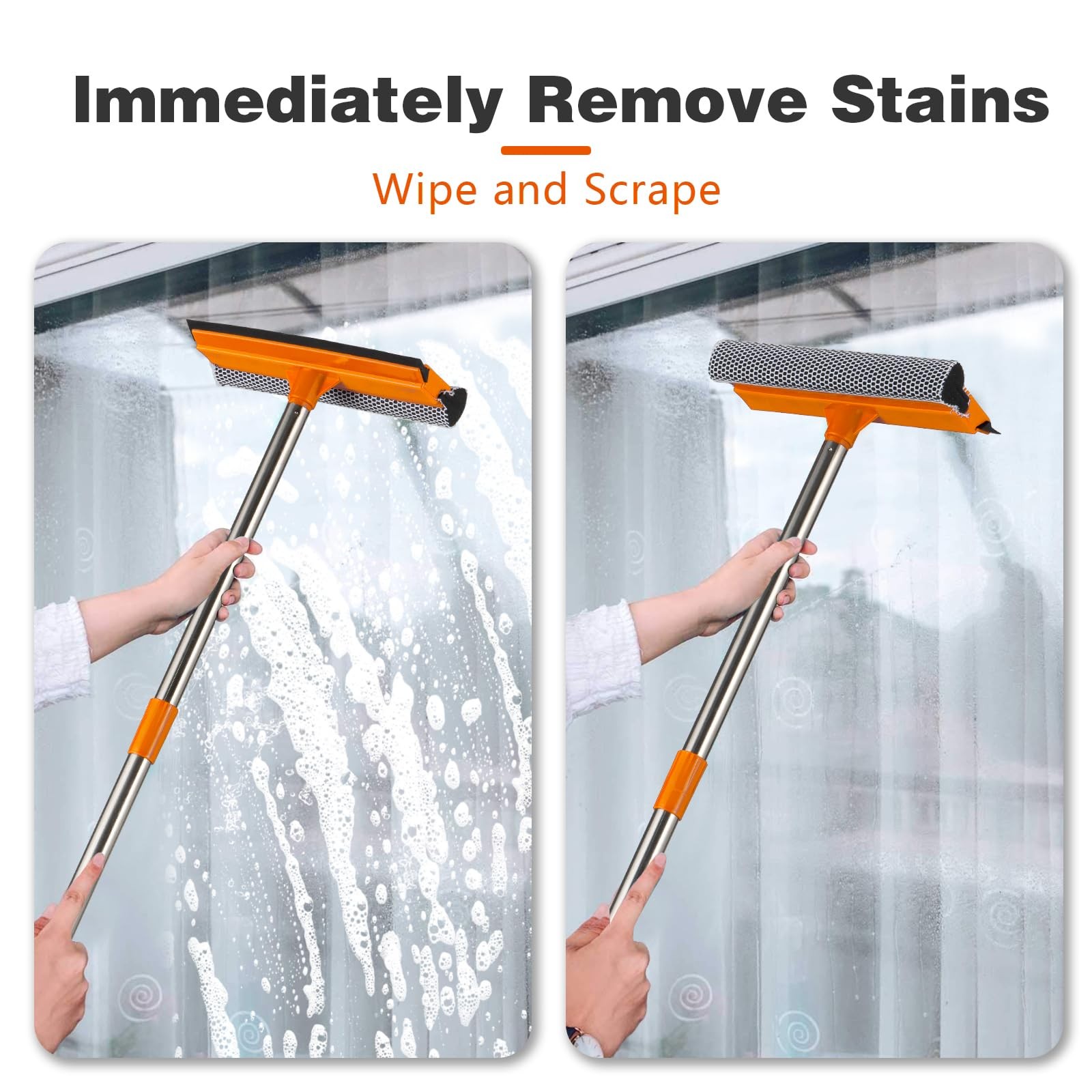 2-in-1 Adjustable Window Squeegee with Extendable Stainless Steel Pole