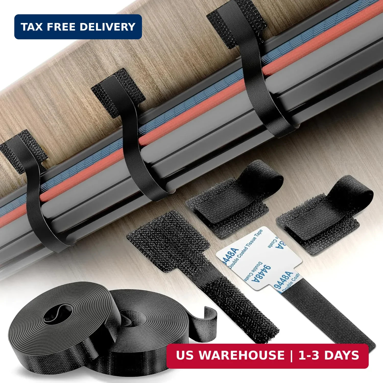 Cable Management Kit - 40 Self-Adhesive Hook & Loop Cable Ties with 2 Extension