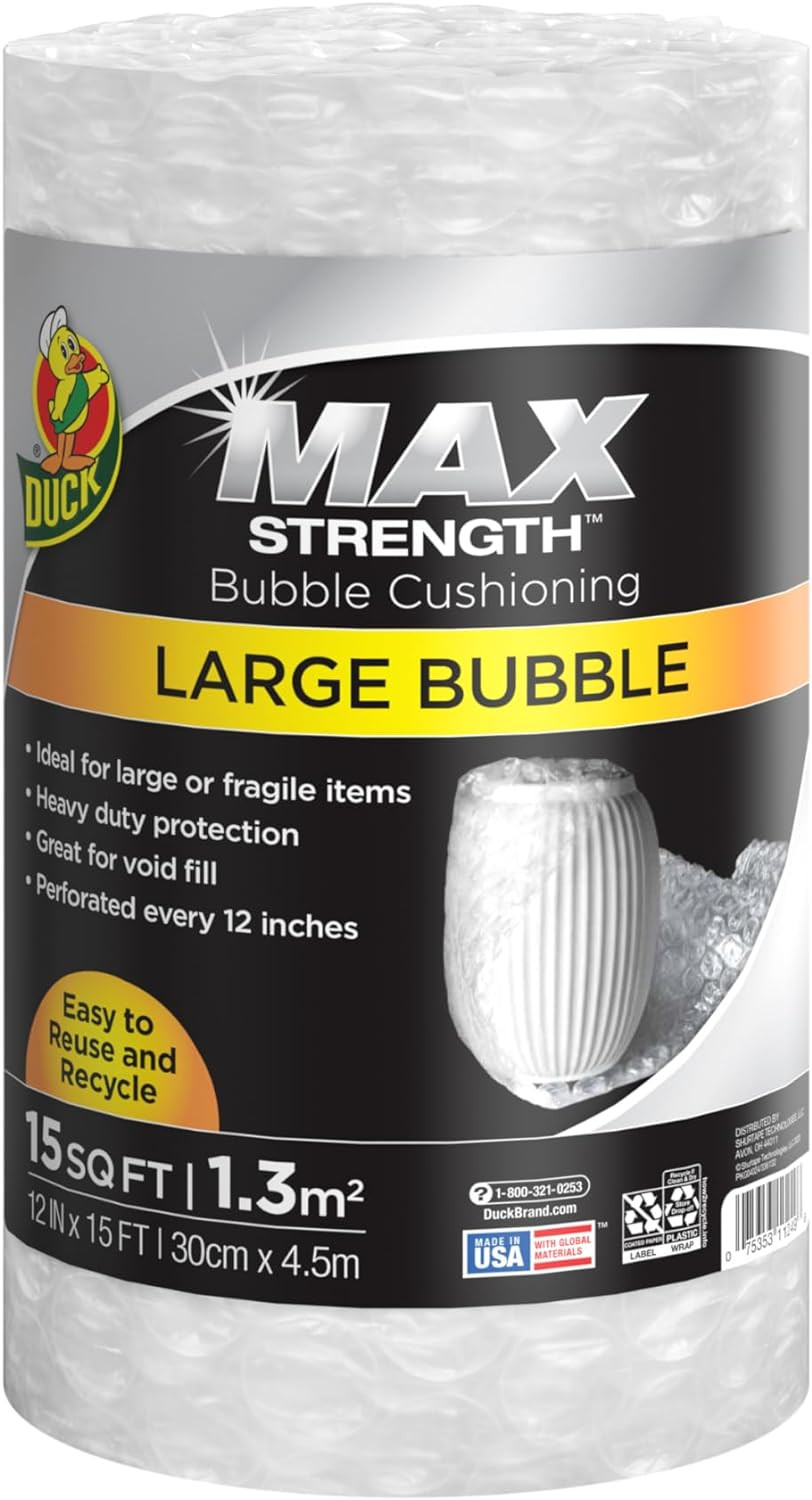 Duck Max Strength Bubble Cushioning Wrap for Moving & Shipping, 15 FT, Large Bub