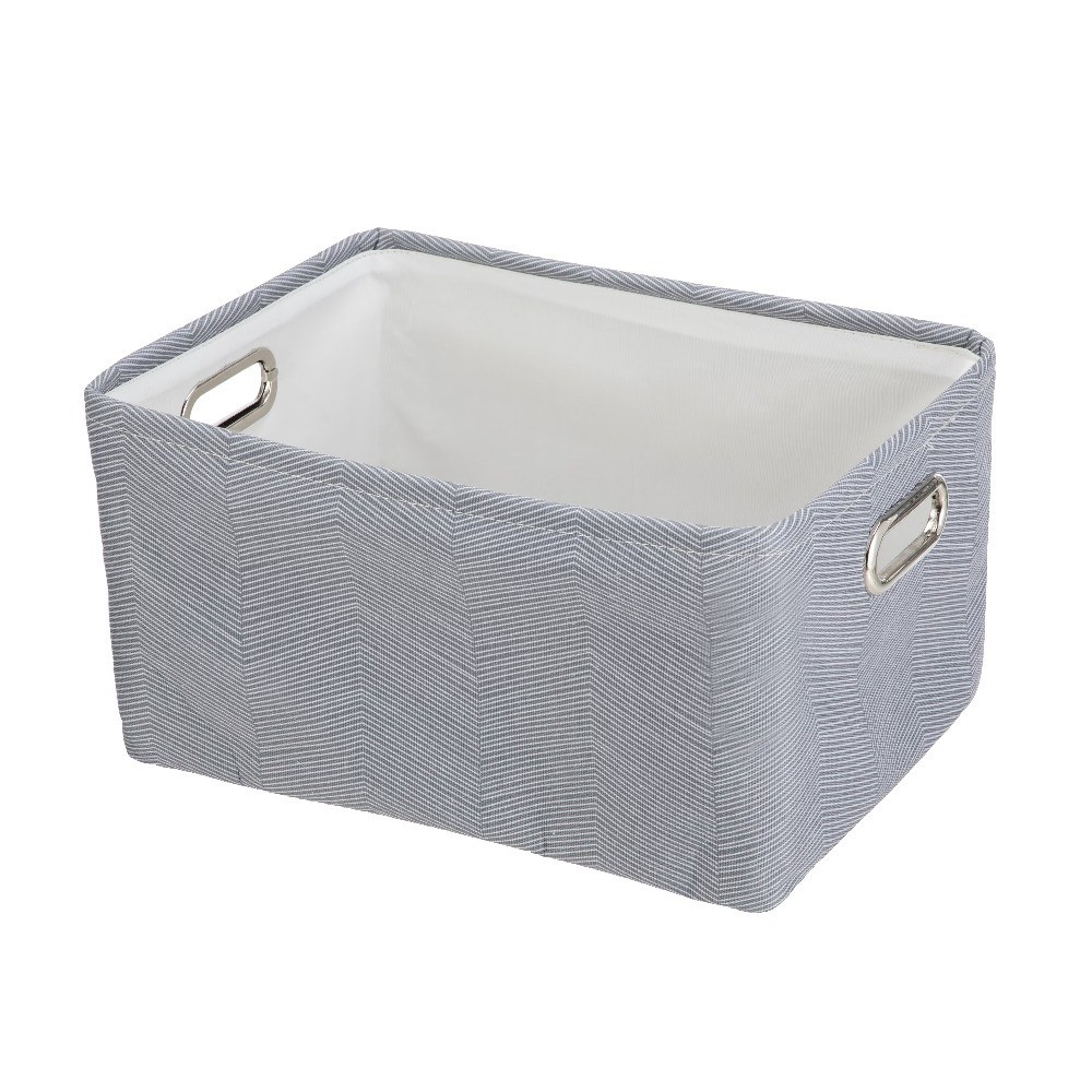 Gray Herringbone Canvas Fabric Decorative Storage Basket with Handles, 15 in x
