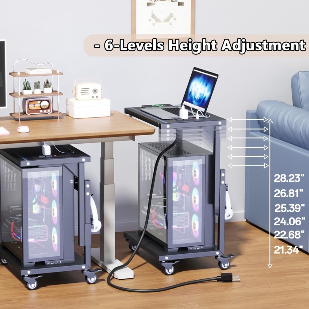Computer Tower Stand with Power Outlet, 6 Level Height Ajustable PC Tower Sta...