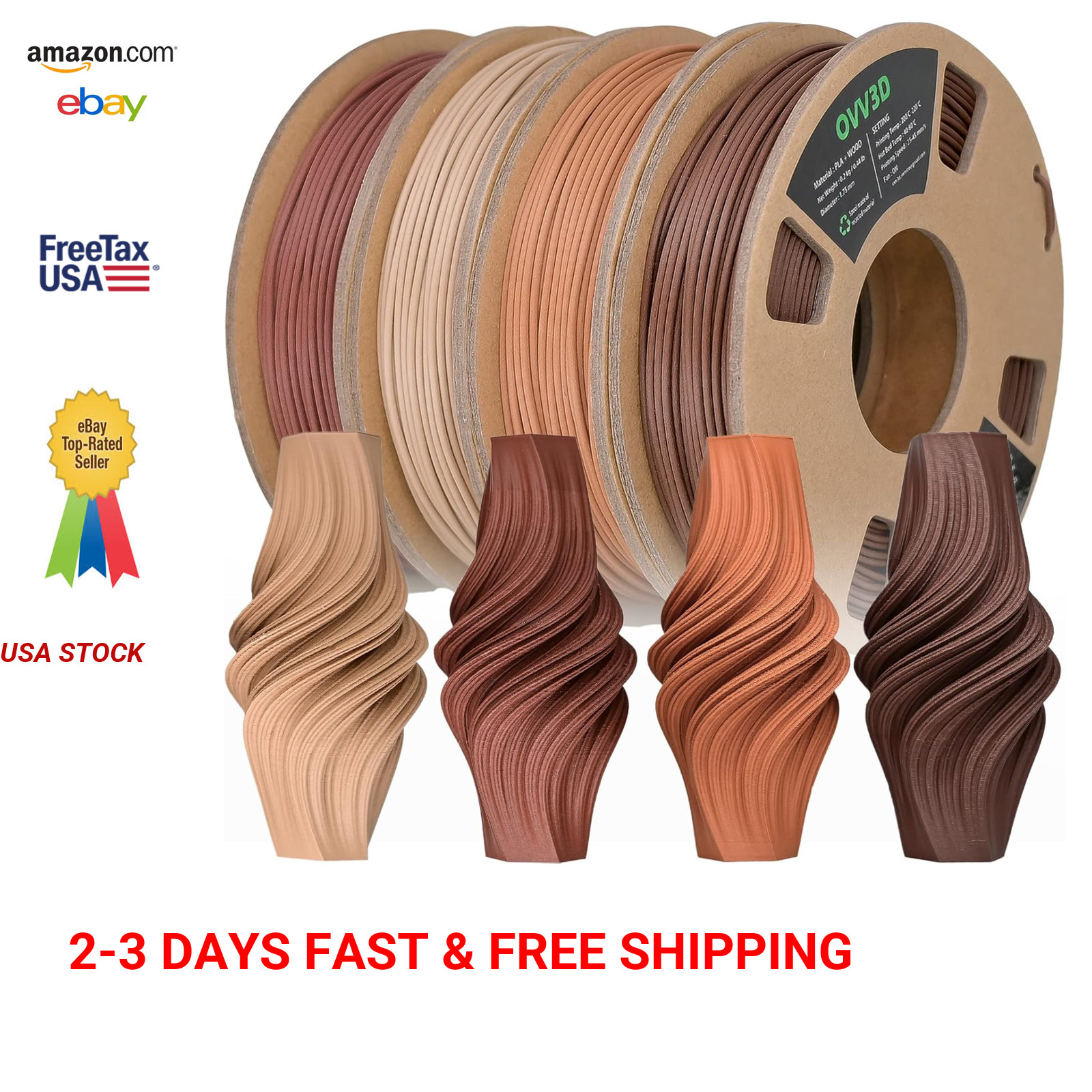 Wood 3D Printer Filament Bundle, Wood PLA 1.75mm Pack with Walnut Oak Cherry