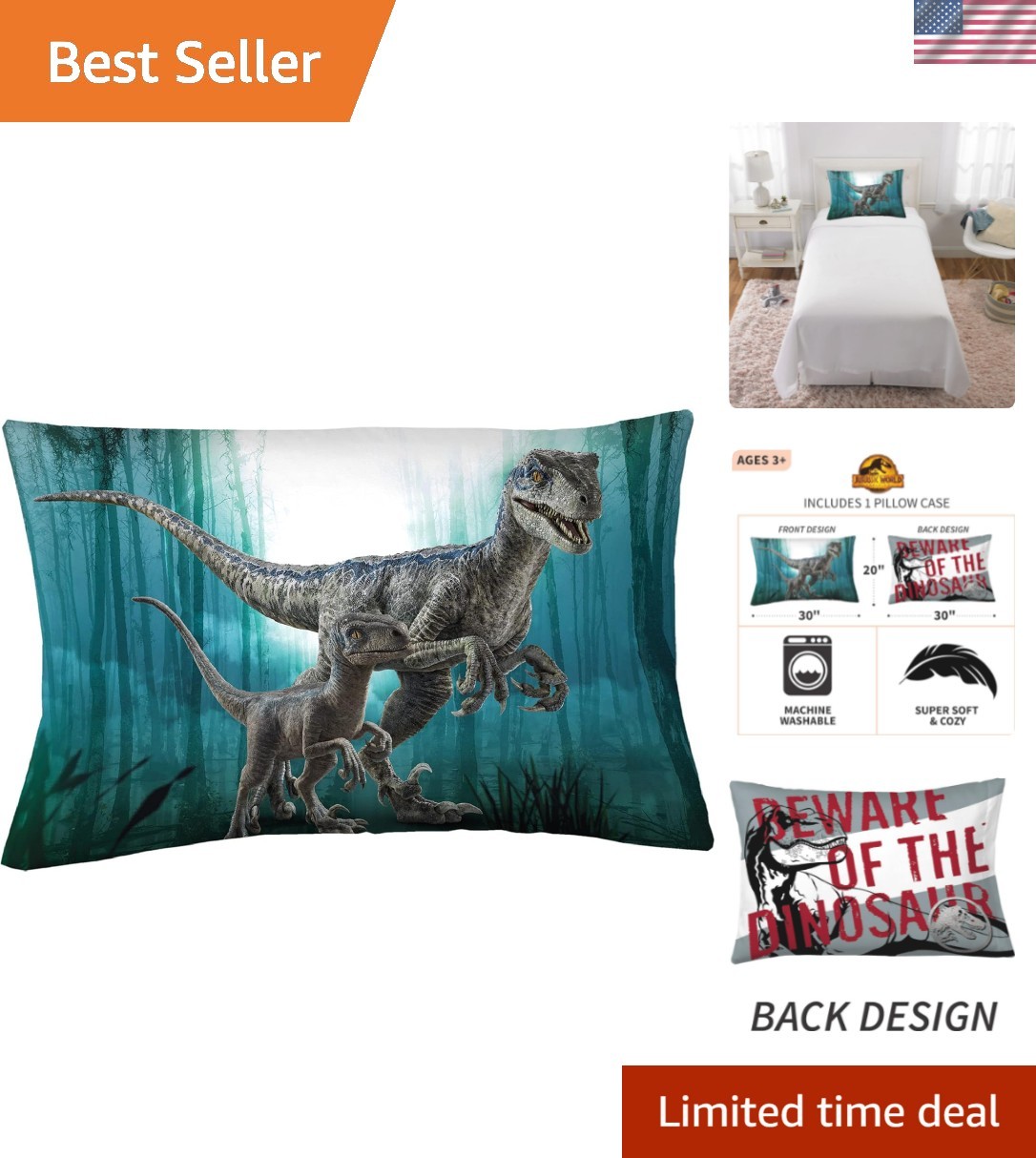 20x30 Velociraptor Pillowcase - Jurassic World Dominion for Dreamy Adventures