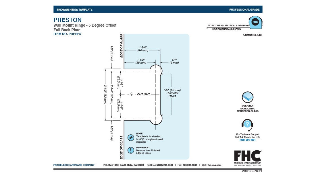 FHC Preston Wall Mount Hinge Full Back Plate Brass Brushed Nickel Finish